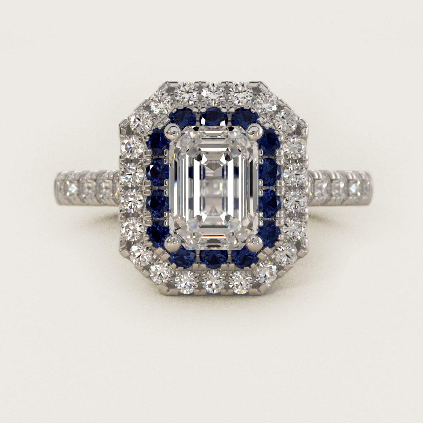 Sapphire and Diamond Double Halo Engagement Ring in Platinum (1/2 ct. tw.) - Emerald Center