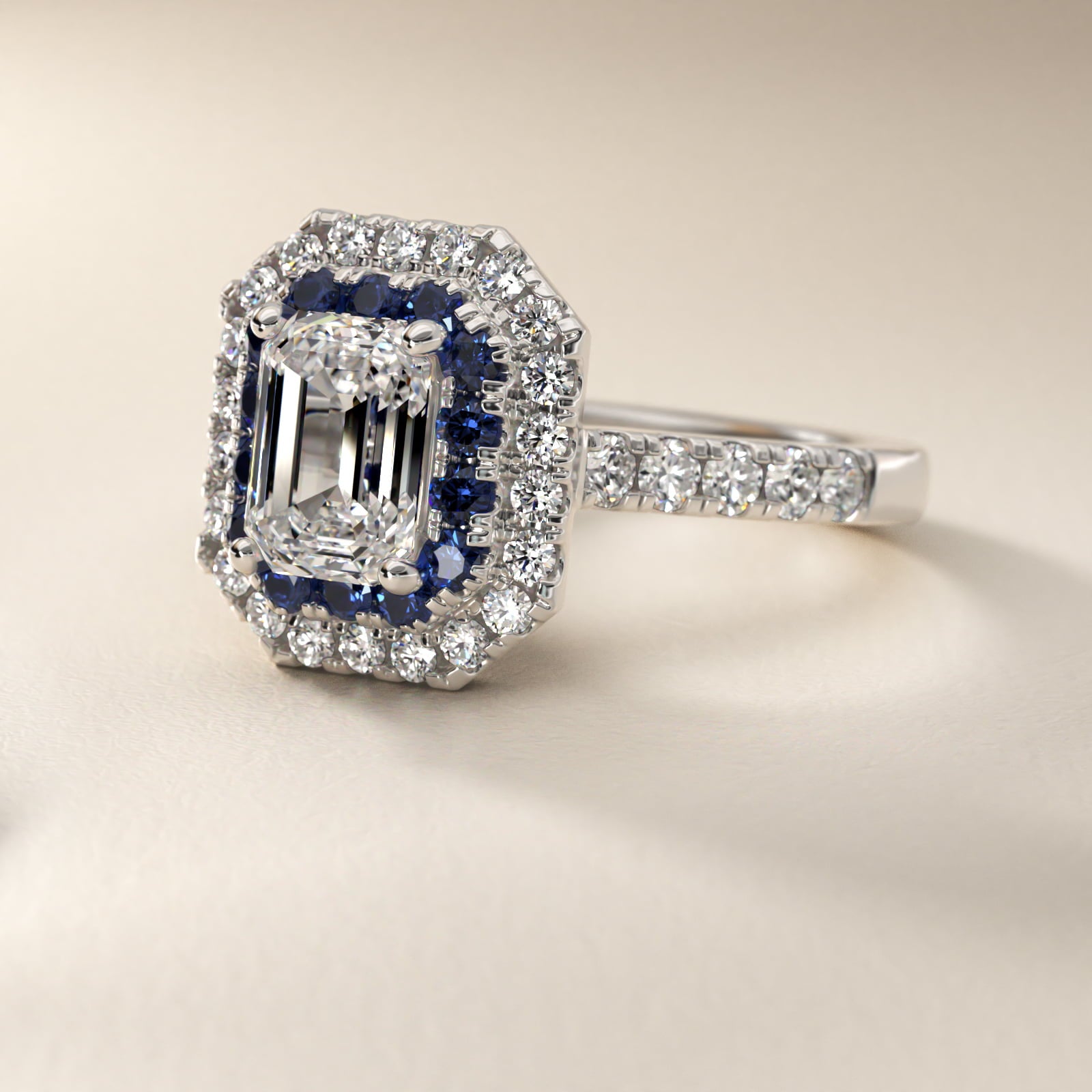 Sapphire and Diamond Double Halo Engagement Ring in Platinum (1/2 ct. tw.) - Emerald Center