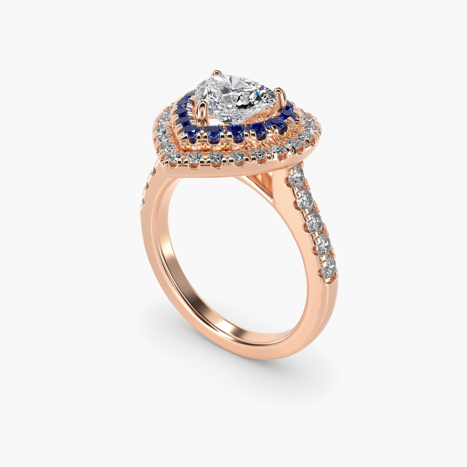 Sapphire and Diamond Double Halo Engagement Ring in 14k Rose Gold (1/2 ct. tw.) - Heart Center