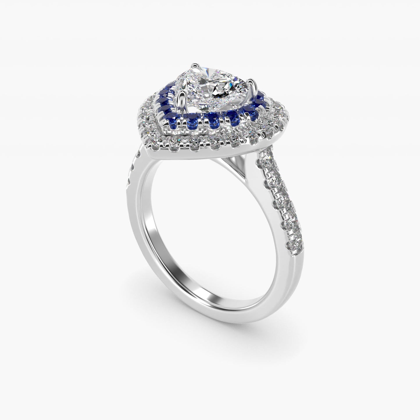 Sapphire and Diamond Double Halo Engagement Ring in 14k White Gold (1/2 ct. tw.) - Heart Center