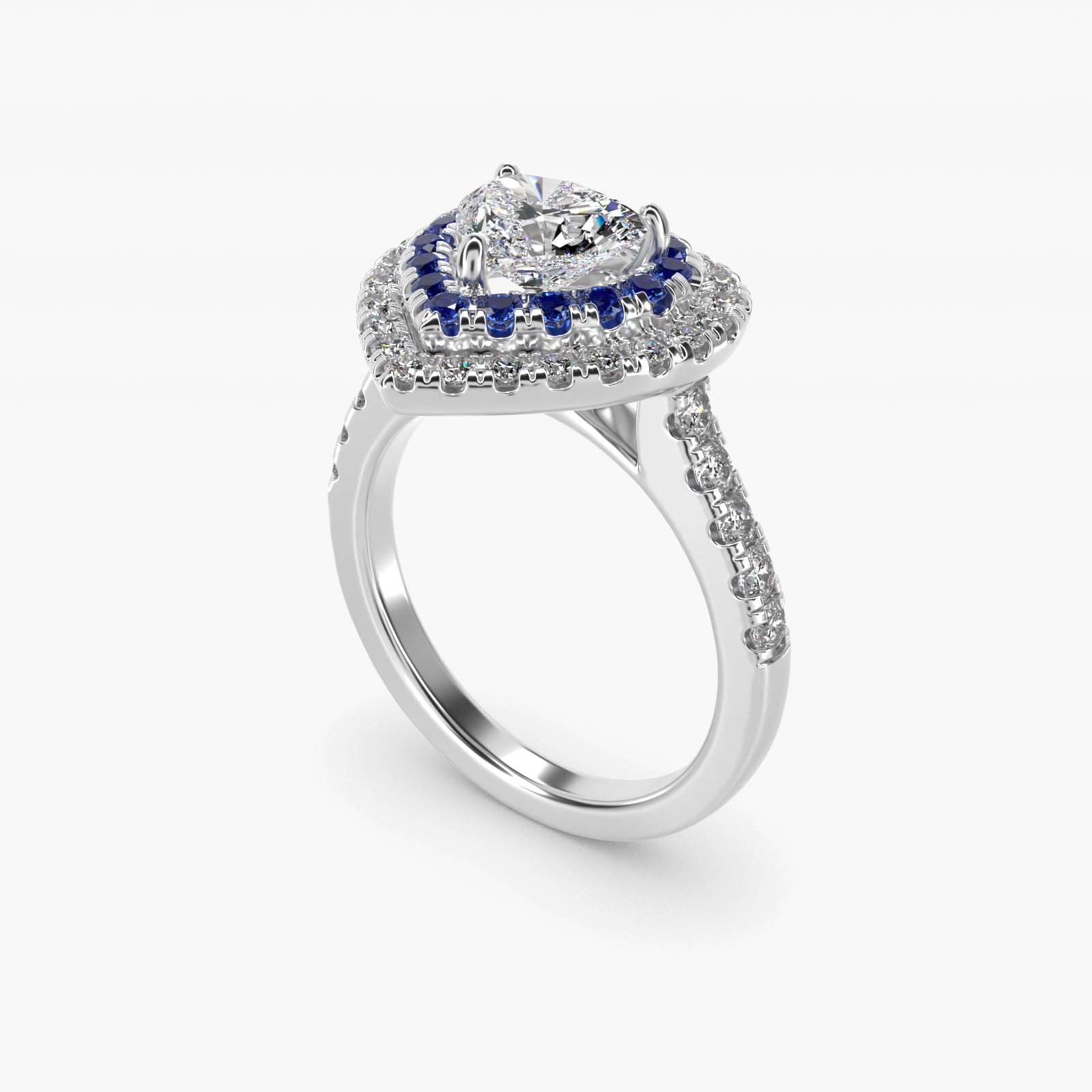 Sapphire and Diamond Double Halo Engagement Ring in 14k White Gold (1/2 ct. tw.) - Heart Center