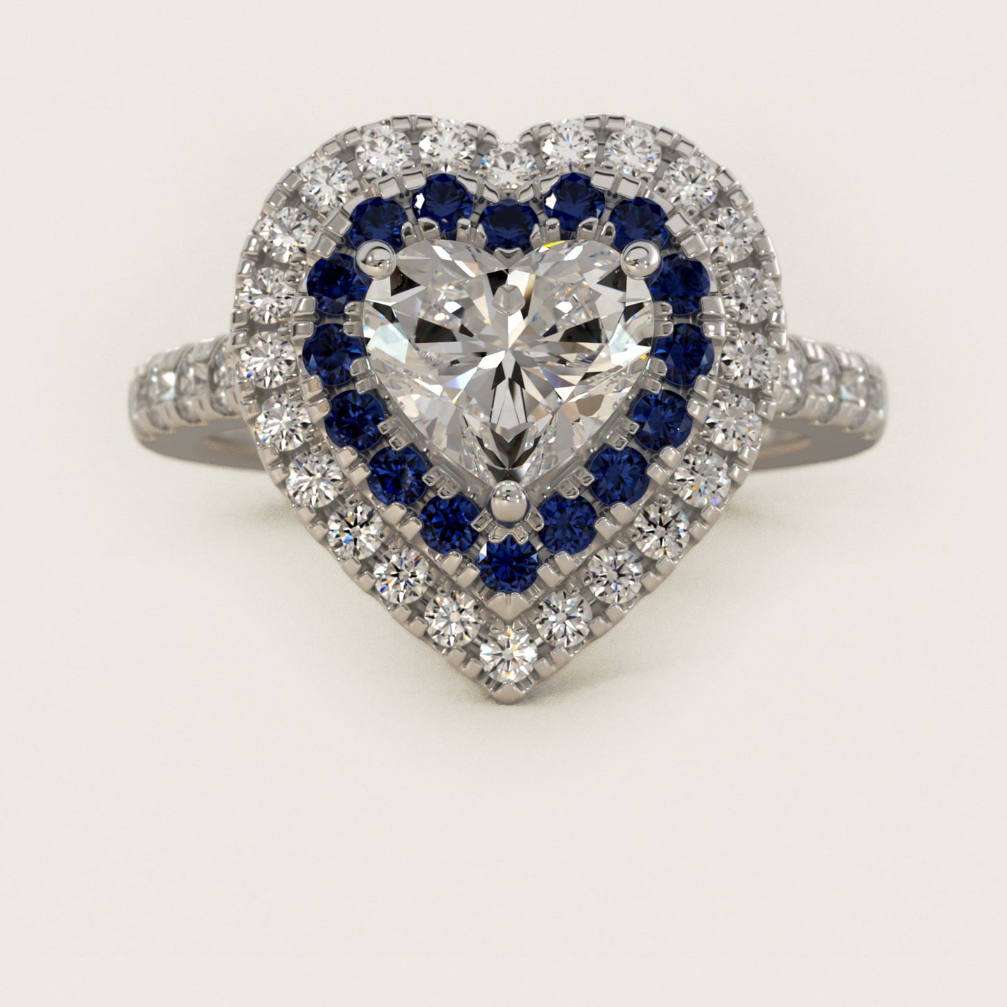 Sapphire and Diamond Double Halo Engagement Ring in 18k White Gold (1/2 ct. tw.) - Heart Center