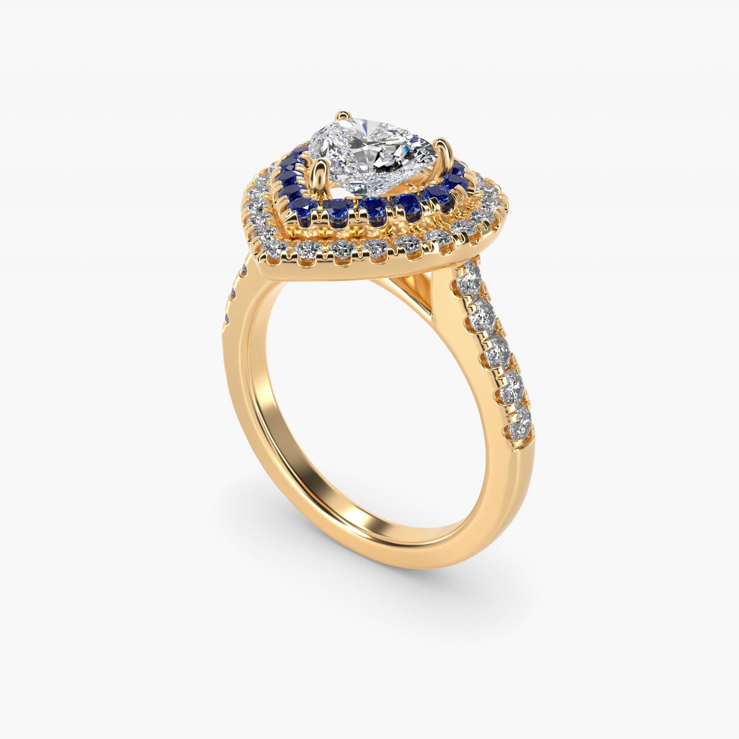 Sapphire and Diamond Double Halo Engagement Ring in 18k Yellow Gold (1/2 ct. tw.) - Heart Center
