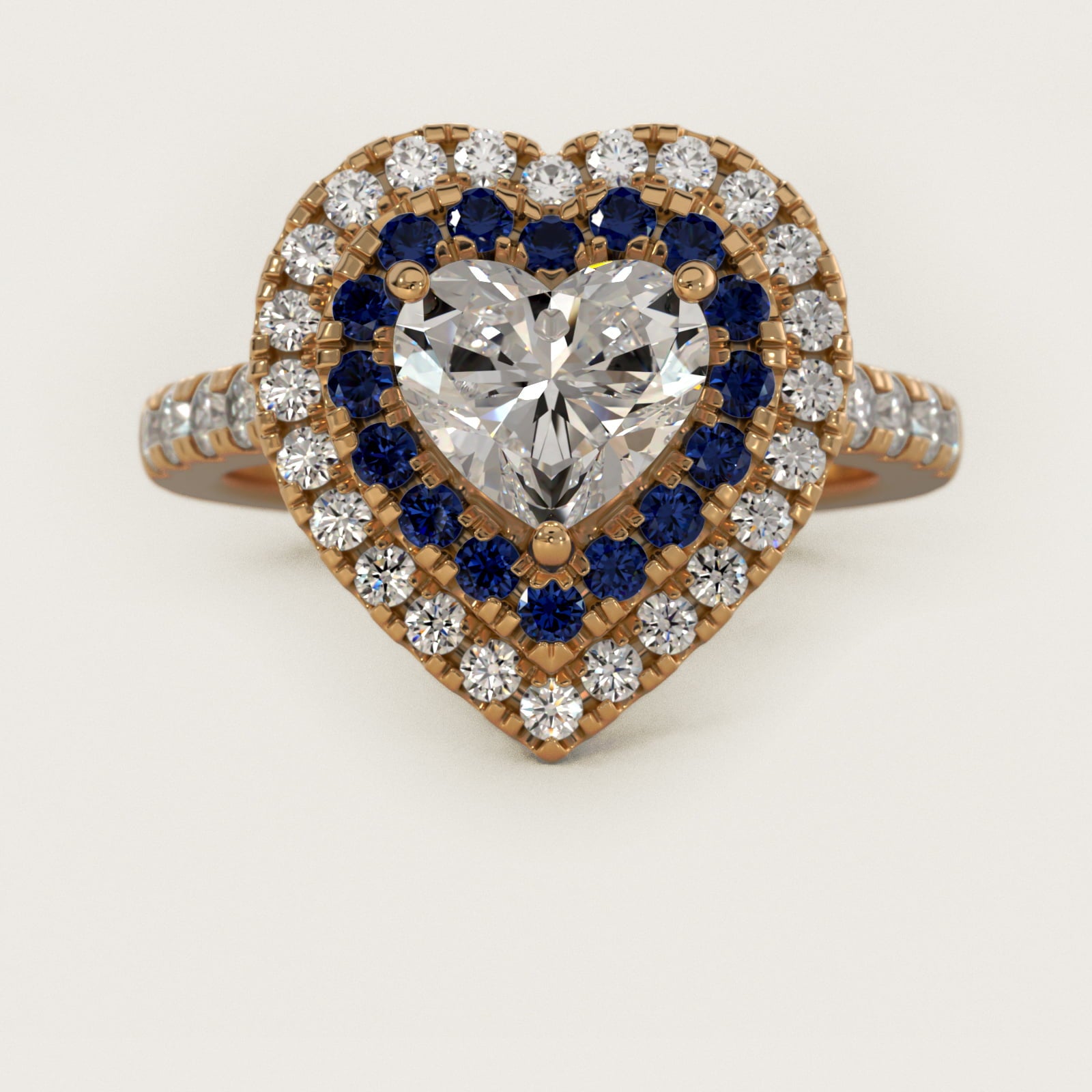 Sapphire and Diamond Double Halo Engagement Ring in 14K Yellow Gold (1/2 ct. tw.) - Heart Center