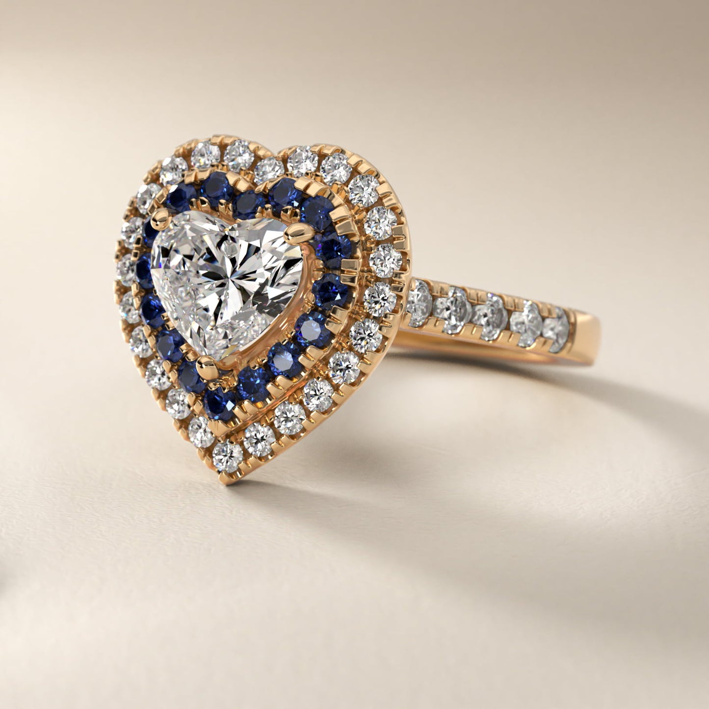 Sapphire and Diamond Double Halo Engagement Ring in 14K Yellow Gold (1/2 ct. tw.) - Heart Center