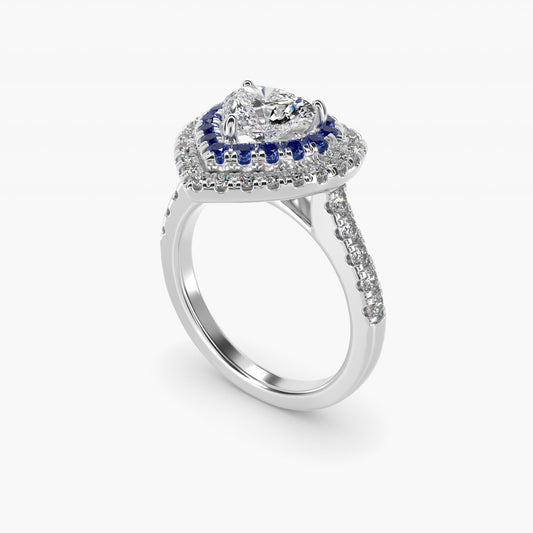 Sapphire and Diamond Double Halo Engagement Ring in Platinum (1/2 ct. tw.) - Heart Center