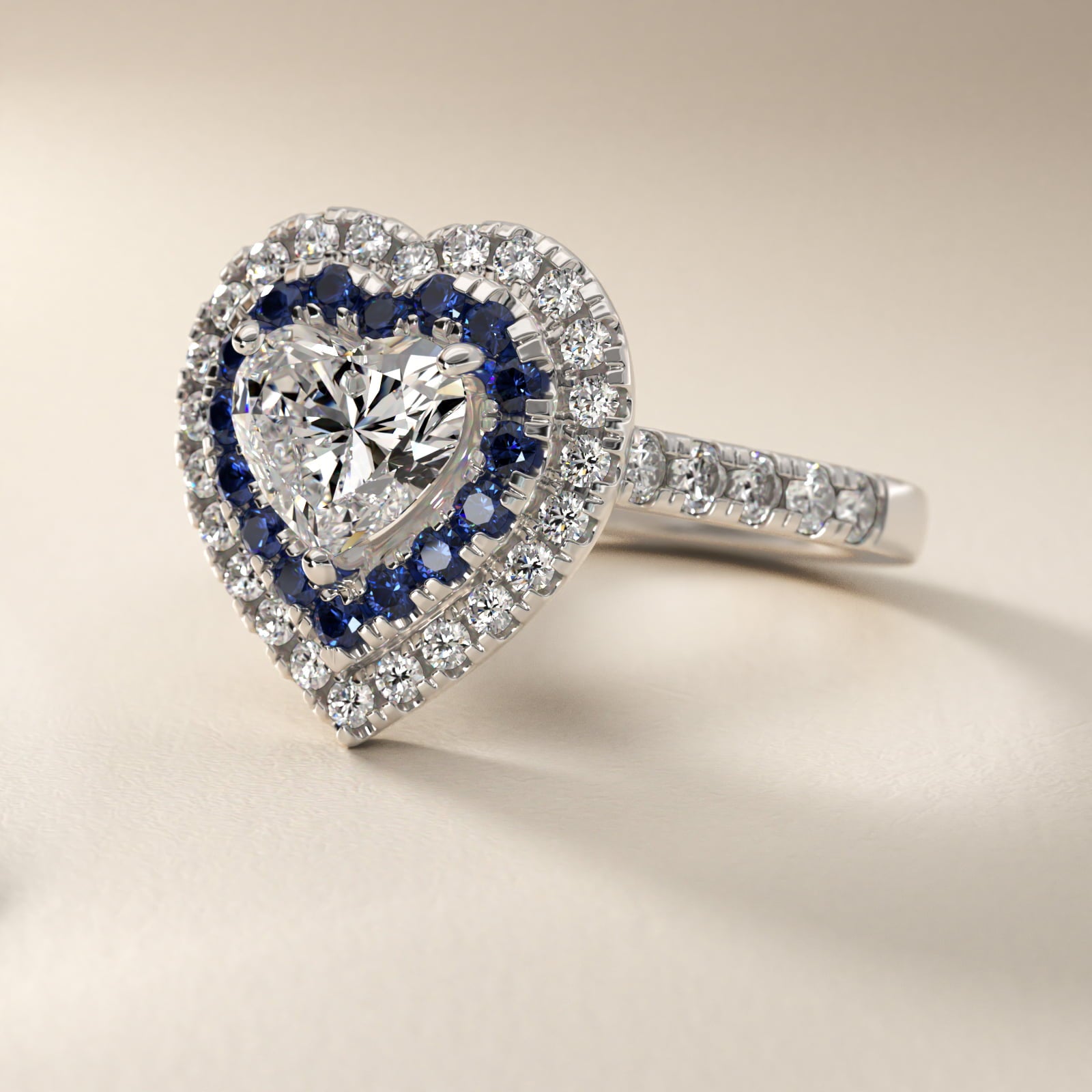 Sapphire and Diamond Double Halo Engagement Ring in Platinum (1/2 ct. tw.) - Heart Center