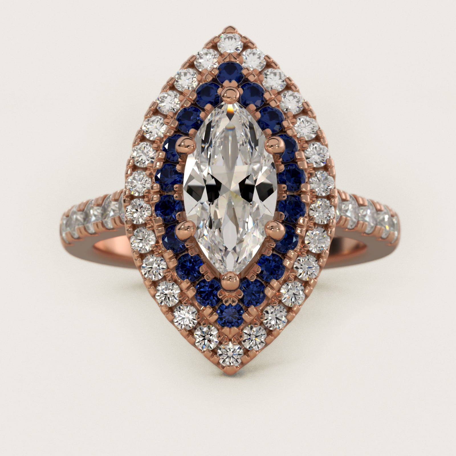 Sapphire and Diamond Double Halo Engagement Ring in 18k Rose Gold (1/2 ct. tw.) - Marquise Center