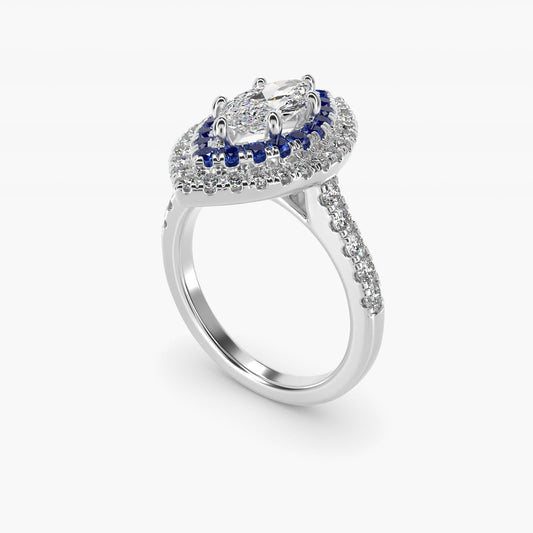 Sapphire and Diamond Double Halo Engagement Ring in 14k White Gold (1/2 ct. tw.) - Marquise Center