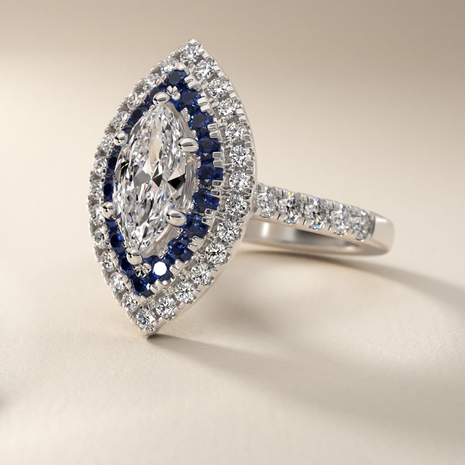 Sapphire and Diamond Double Halo Engagement Ring in 14k White Gold (1/2 ct. tw.) - Marquise Center