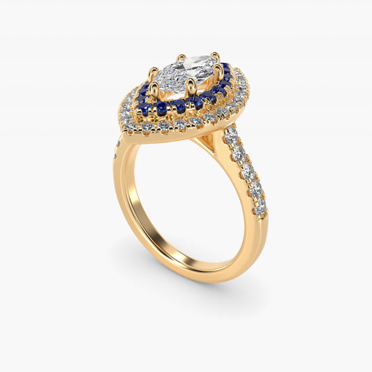 Sapphire and Diamond Double Halo Engagement Ring in 18k Yellow Gold (1/2 ct. tw.) - Marquise Center