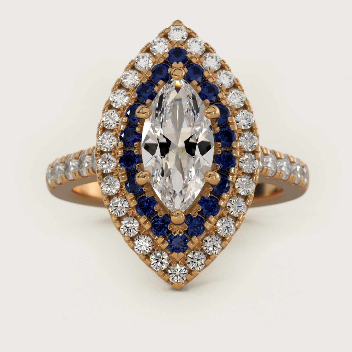 Sapphire and Diamond Double Halo Engagement Ring in 14K Yellow Gold (1/2 ct. tw.) - Marquise Center