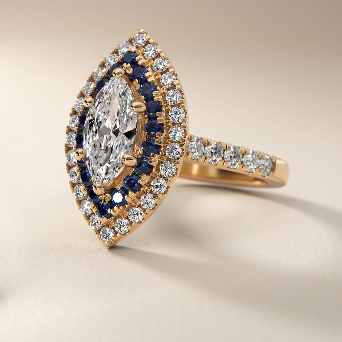 Sapphire and Diamond Double Halo Engagement Ring in 14K Yellow Gold (1/2 ct. tw.) - Marquise Center