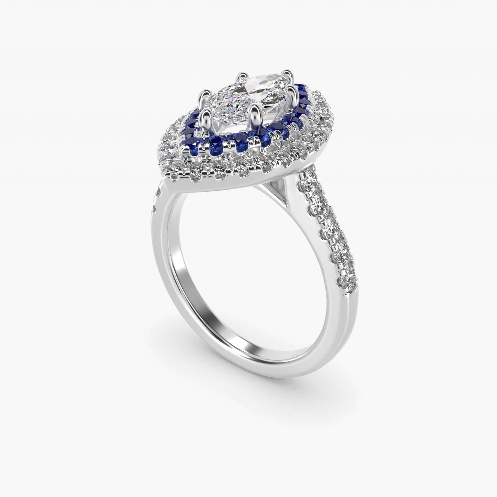 Sapphire and Diamond Double Halo Engagement Ring in Platinum (1/2 ct. tw.) - Marquise Center