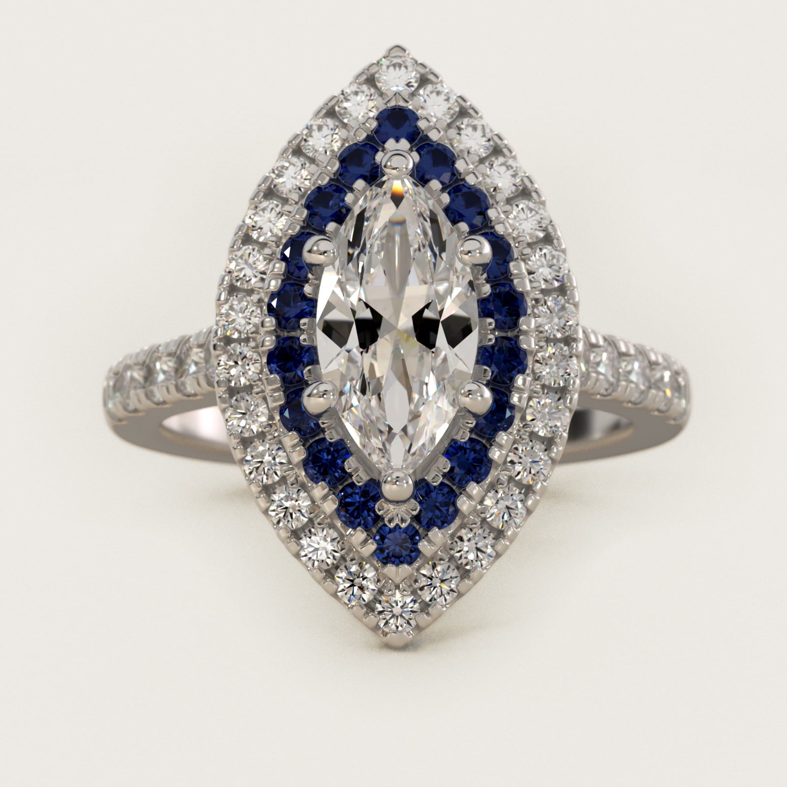 Sapphire and Diamond Double Halo Engagement Ring in Platinum (1/2 ct. tw.) - Marquise Center
