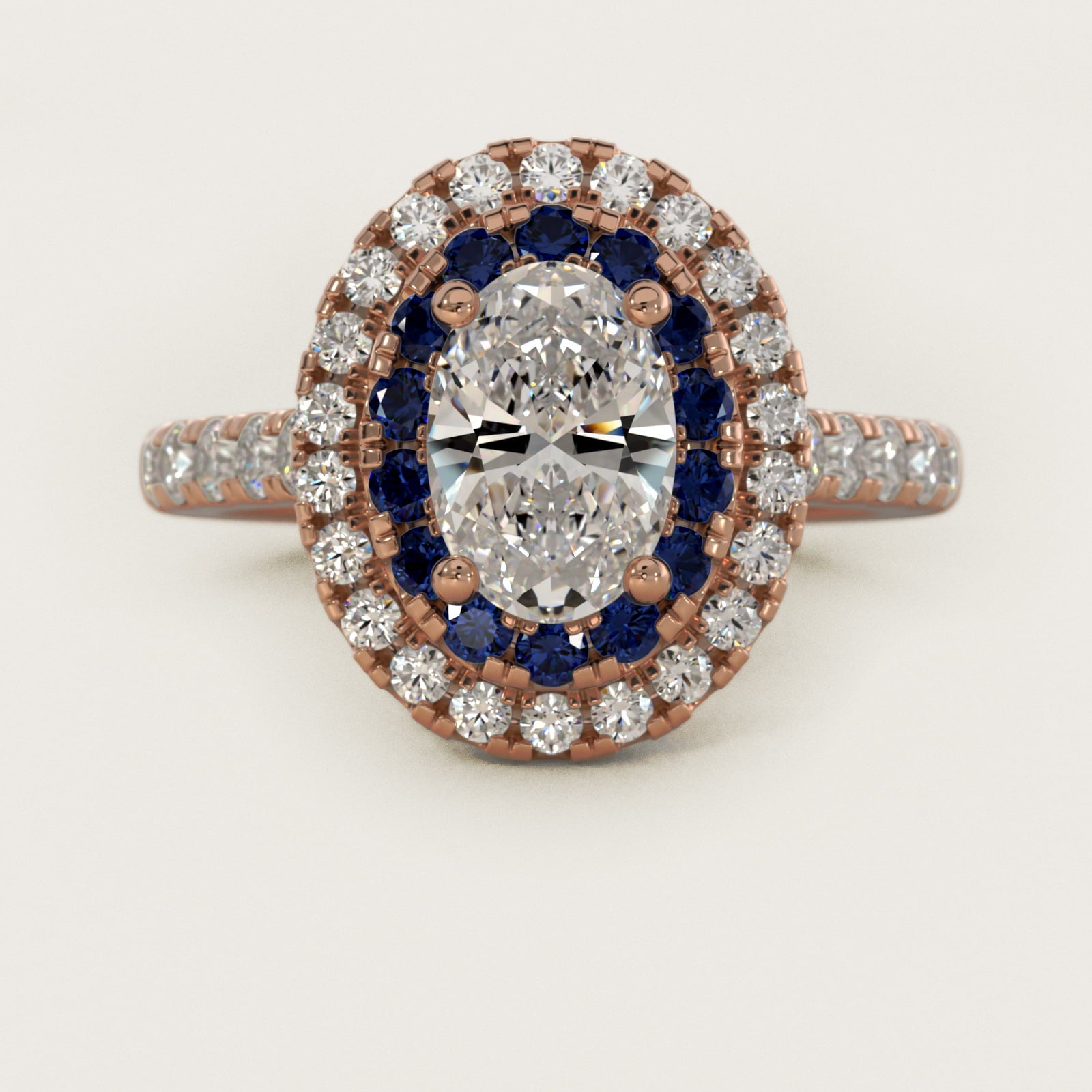 Sapphire and Diamond Double Halo Engagement Ring in 14k Rose Gold (1/2 ct. tw.) - Oval Center
