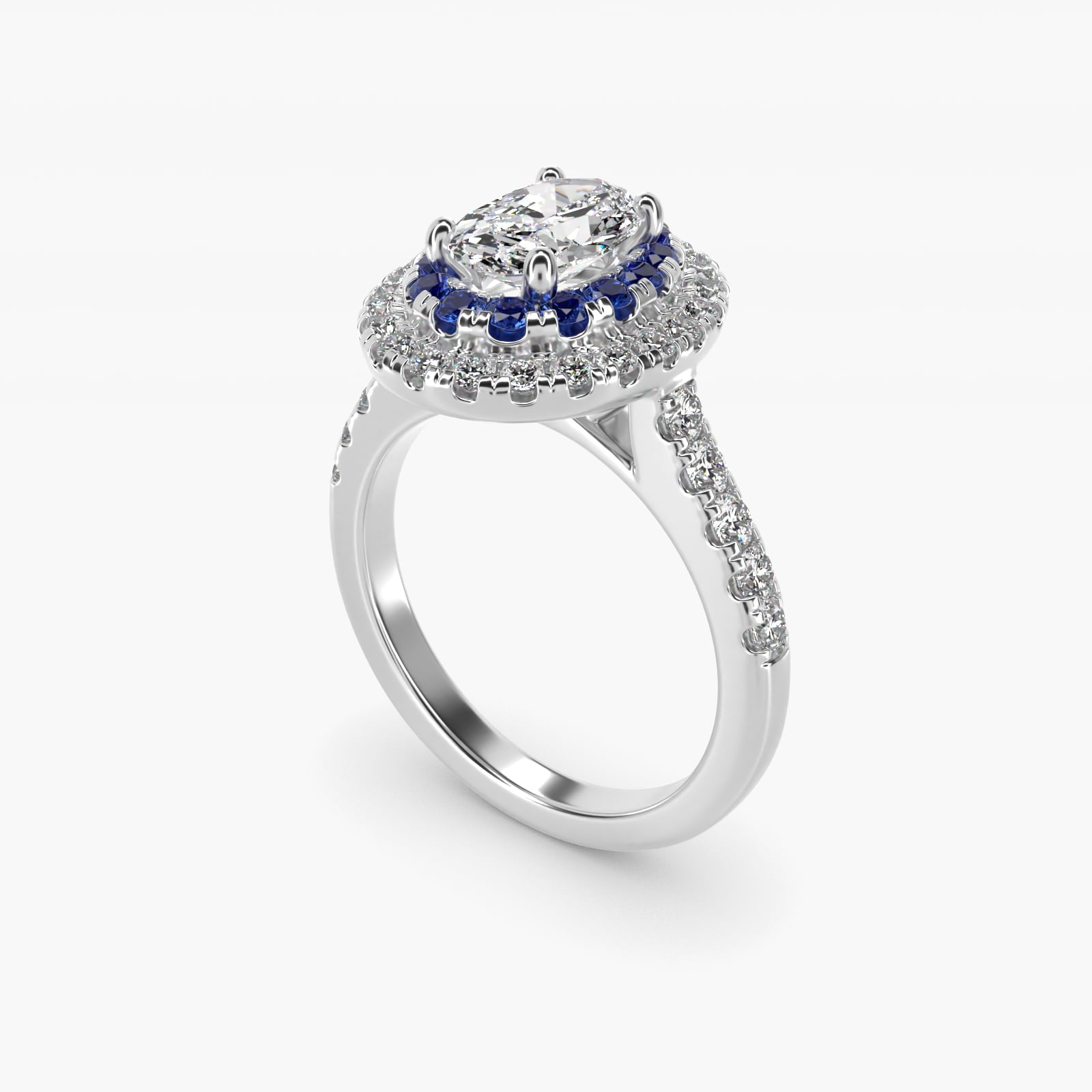 Sapphire and Diamond Double Halo Engagement Ring in 14k White Gold (1/2 ct. tw.) - Oval Center