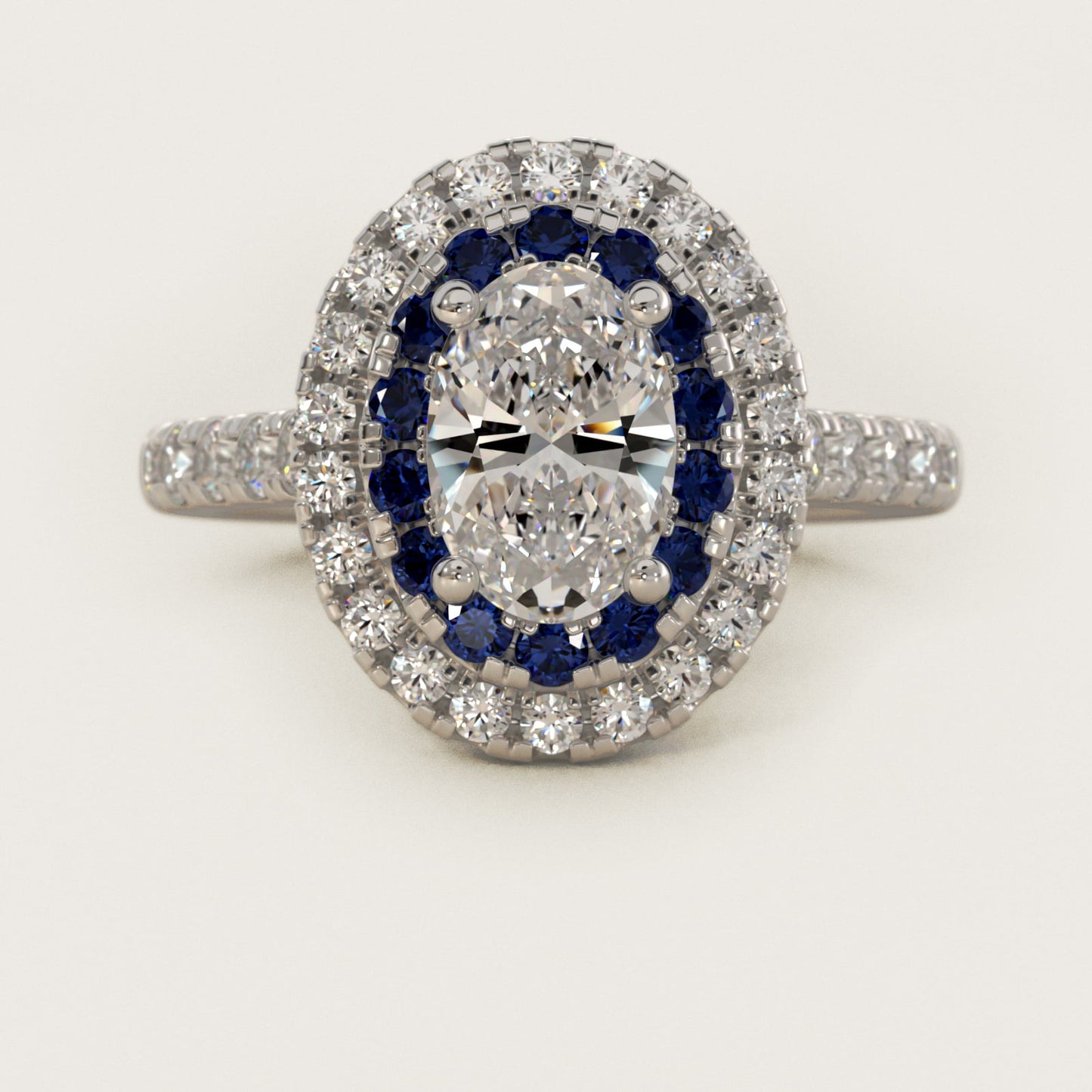 Sapphire and Diamond Double Halo Engagement Ring in 14k White Gold (1/2 ct. tw.) - Oval Center