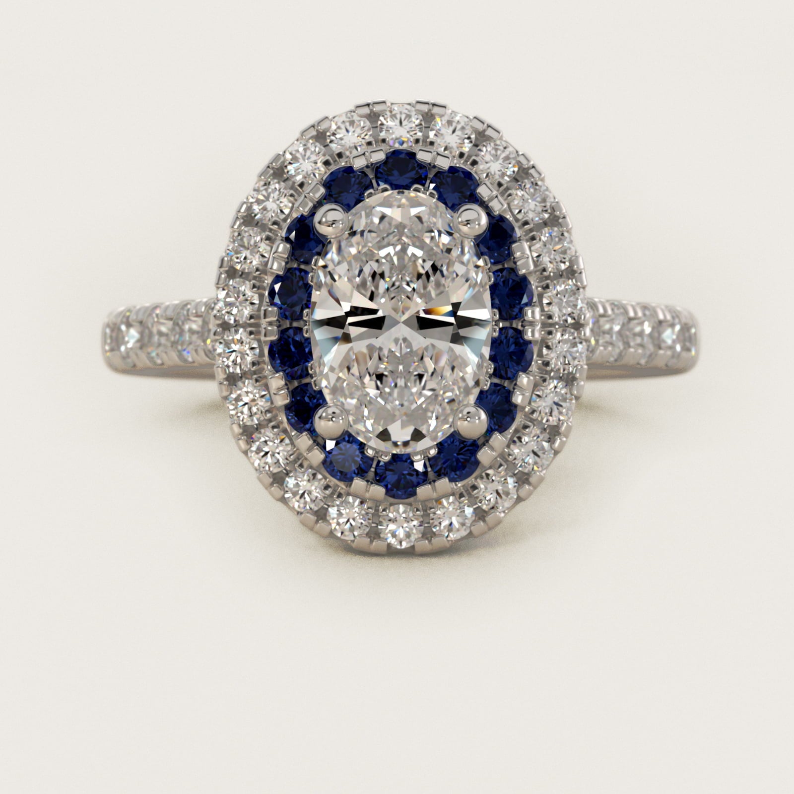 Sapphire and Diamond Double Halo Engagement Ring in 18k White Gold (1/2 ct. tw.) - Oval Center