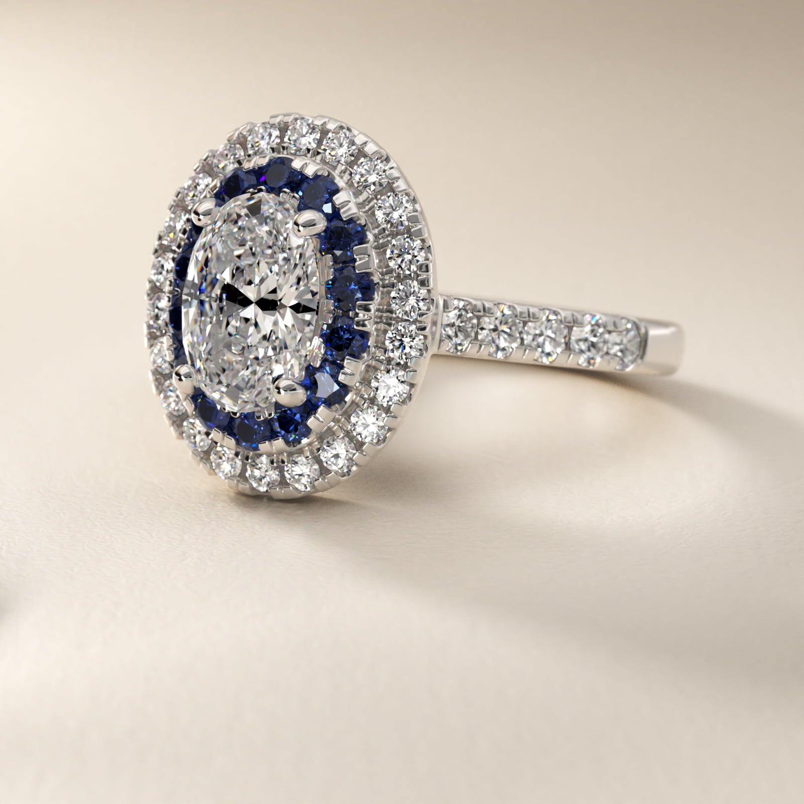 Sapphire and Diamond Double Halo Engagement Ring in 14k White Gold (1/2 ct. tw.) - Oval Center