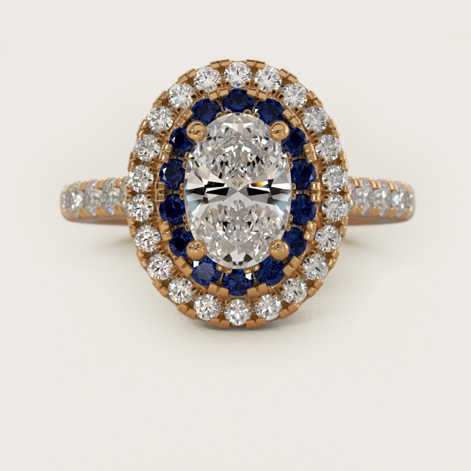Sapphire and Diamond Double Halo Engagement Ring in 14K Yellow Gold (1/2 ct. tw.) - Oval Center