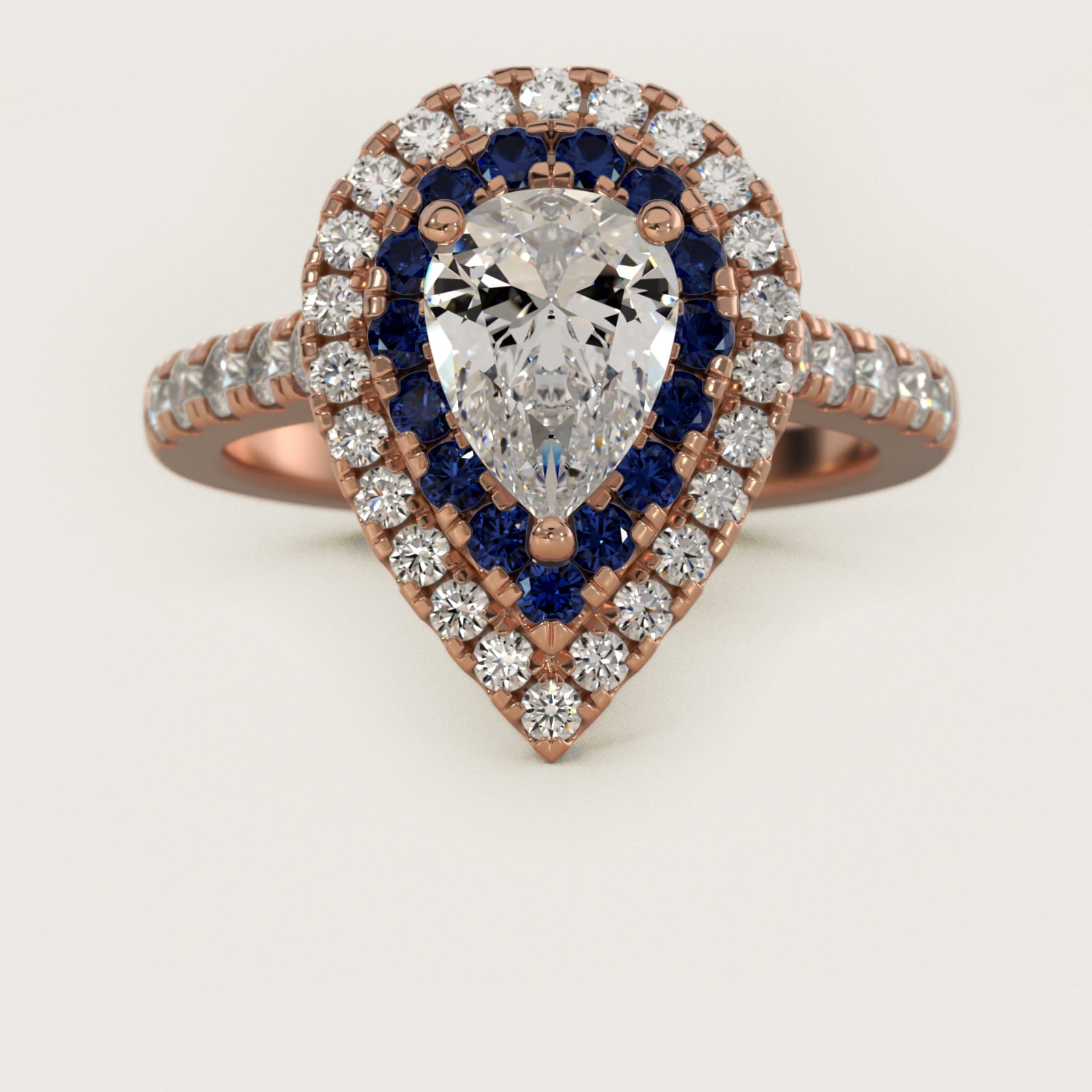 Sapphire and Diamond Double Halo Engagement Ring in 18k Rose Gold (1/2 ct. tw.) - Pear Center
