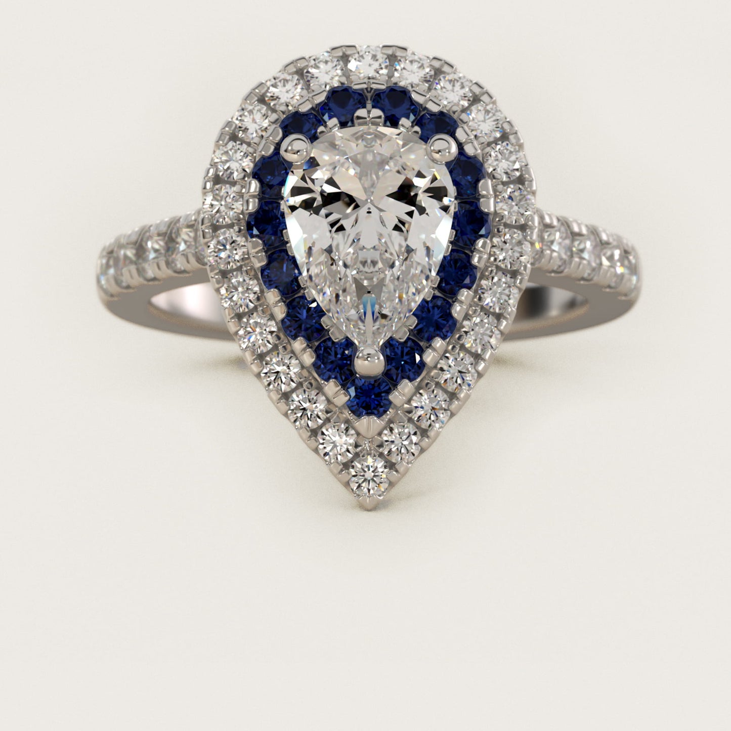 Sapphire and Diamond Double Halo Engagement Ring in 14k White Gold (1/2 ct. tw.) - Pear Center