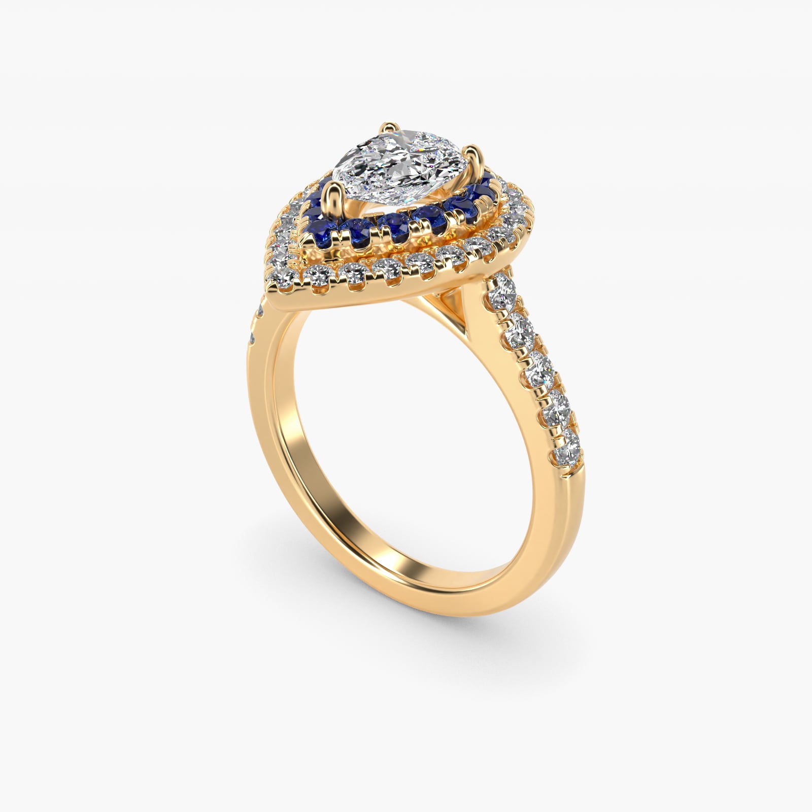 Sapphire and Diamond Double Halo Engagement Ring in 18k Yellow Gold (1/2 ct. tw.) - Pear Center