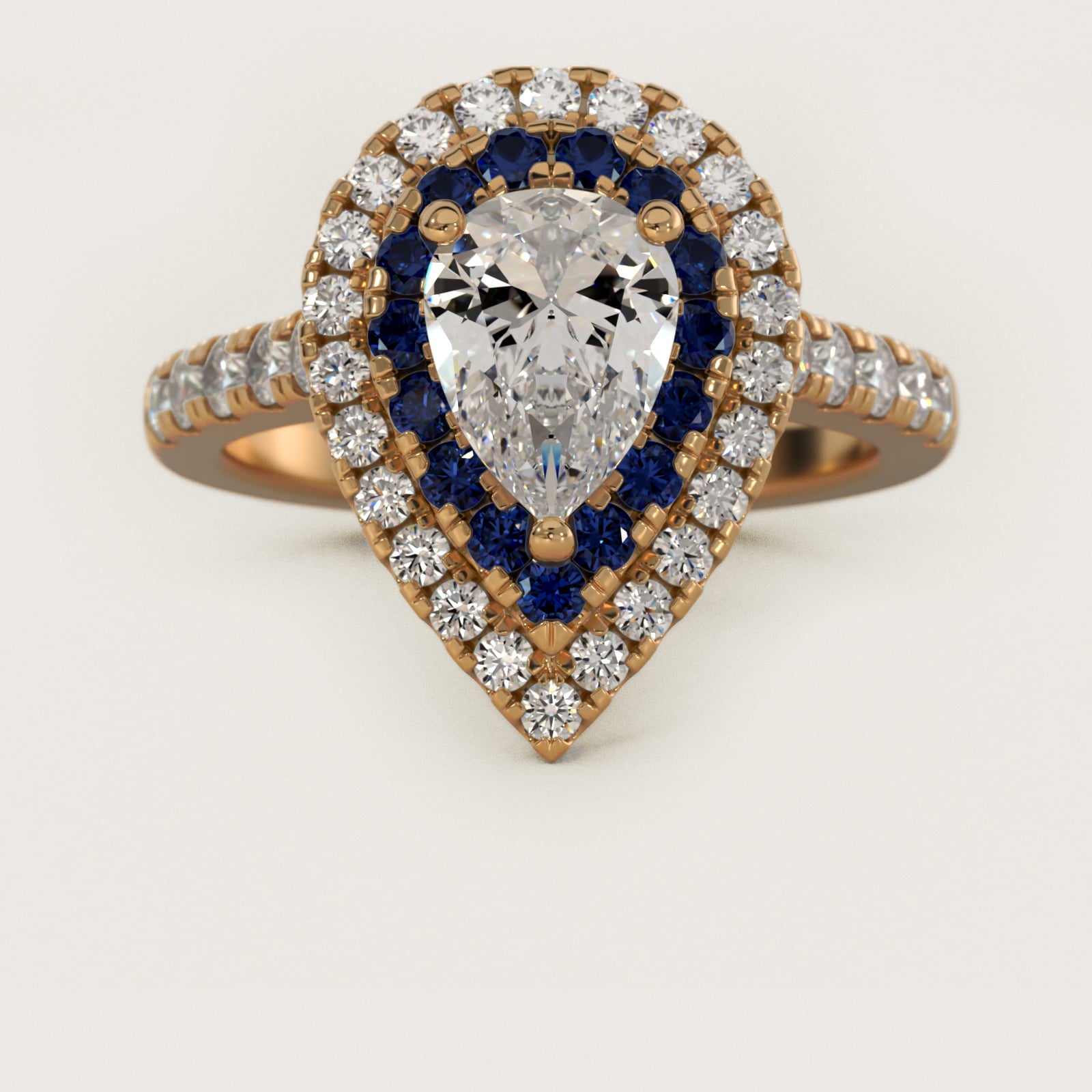Sapphire and Diamond Double Halo Engagement Ring in 14K Yellow Gold (1/2 ct. tw.) - Pear Center
