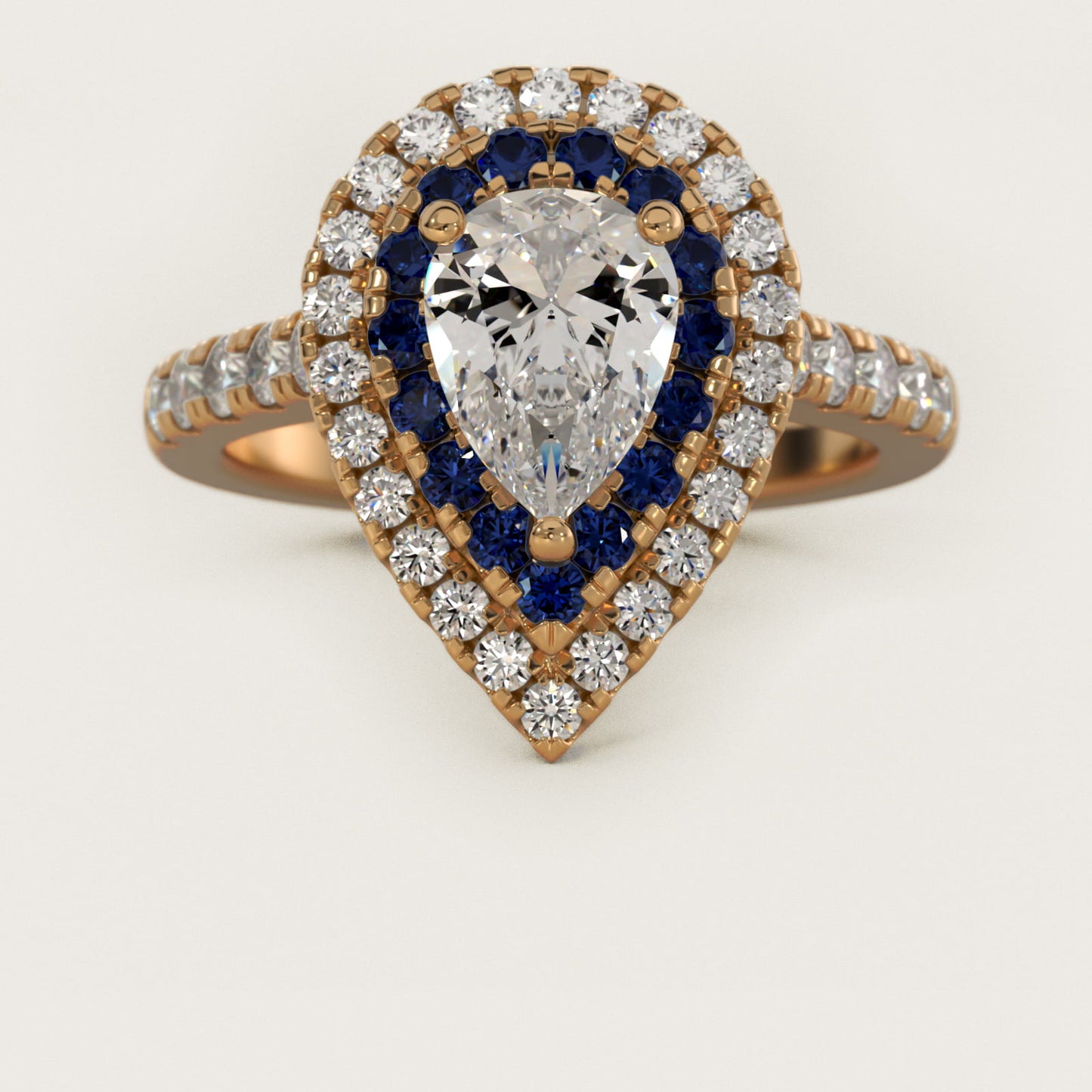 Sapphire and Diamond Double Halo Engagement Ring in 18k Yellow Gold (1/2 ct. tw.) - Pear Center