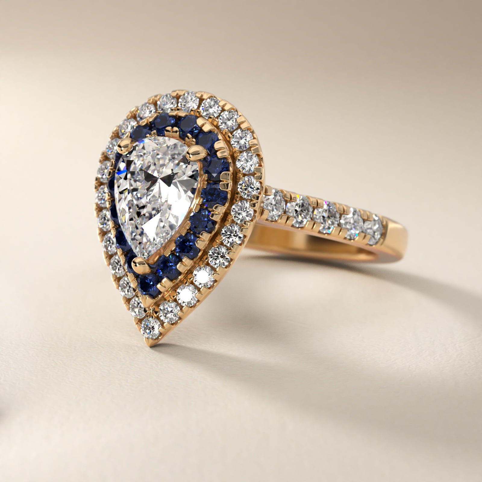 Sapphire and Diamond Double Halo Engagement Ring in 18k Yellow Gold (1/2 ct. tw.) - Pear Center