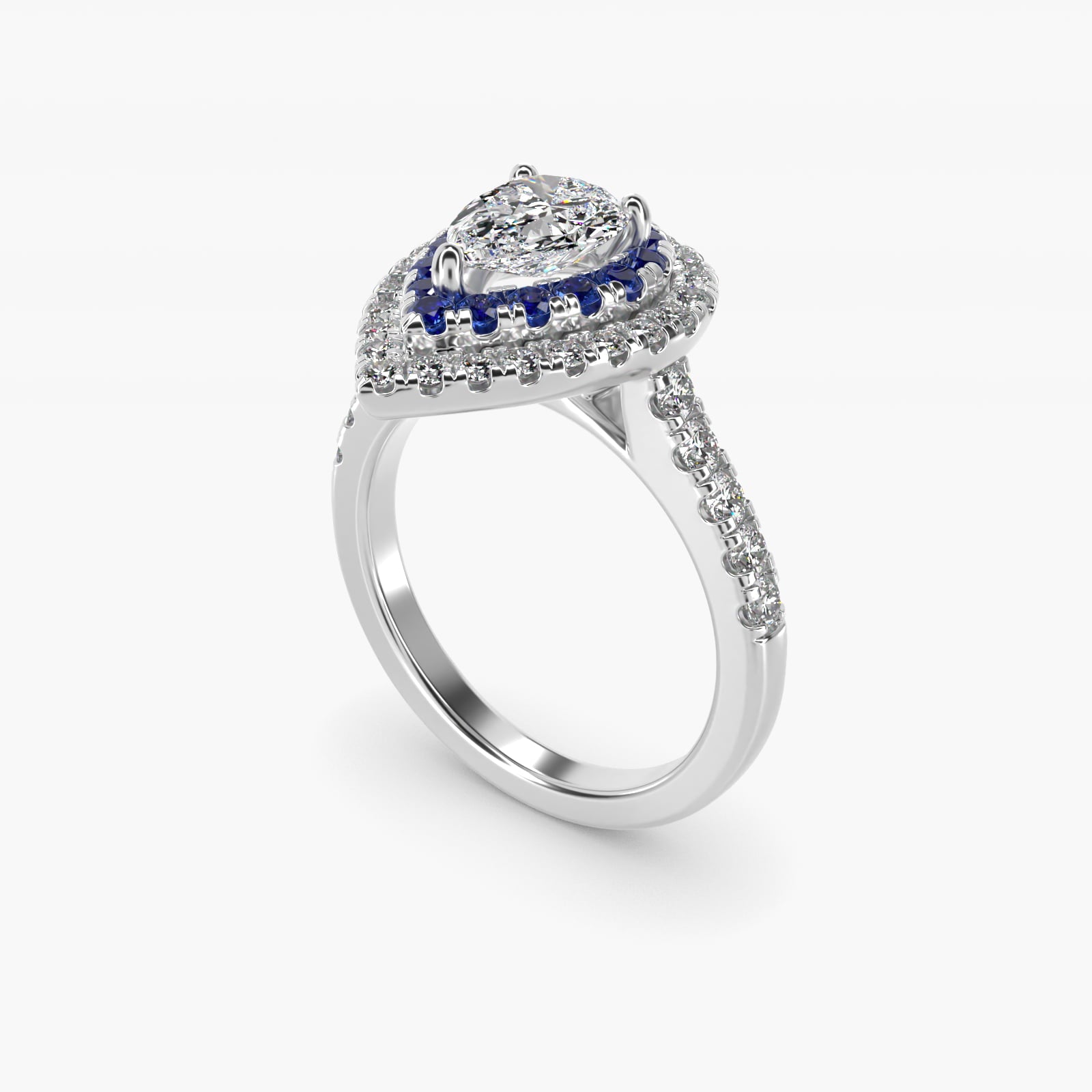 Sapphire and Diamond Double Halo Engagement Ring in Platinum (1/2 ct. tw.) - Pear Center