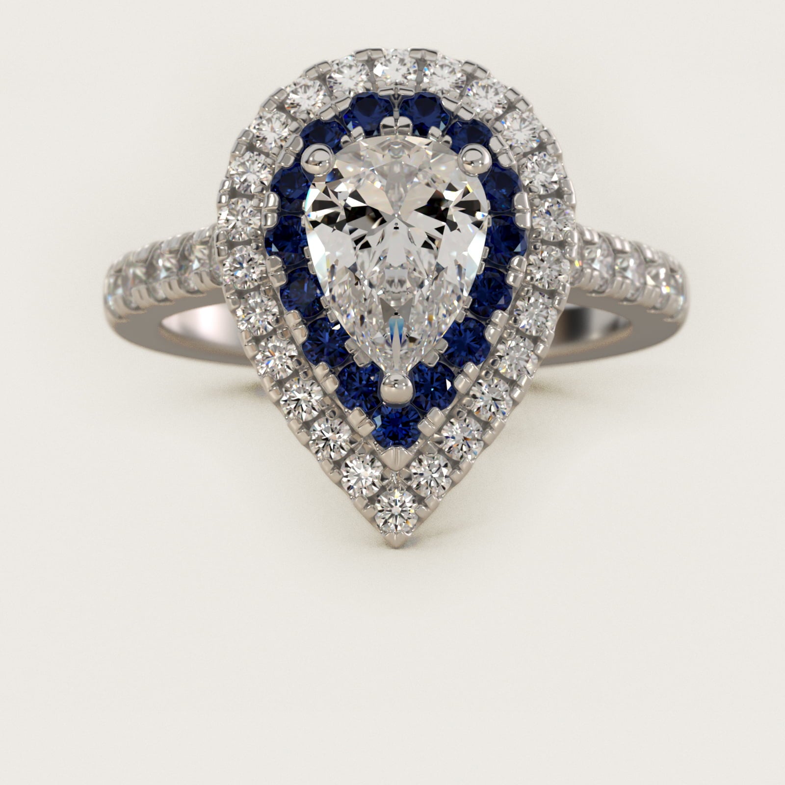 Sapphire and Diamond Double Halo Engagement Ring in Platinum (1/2 ct. tw.) - Pear Center