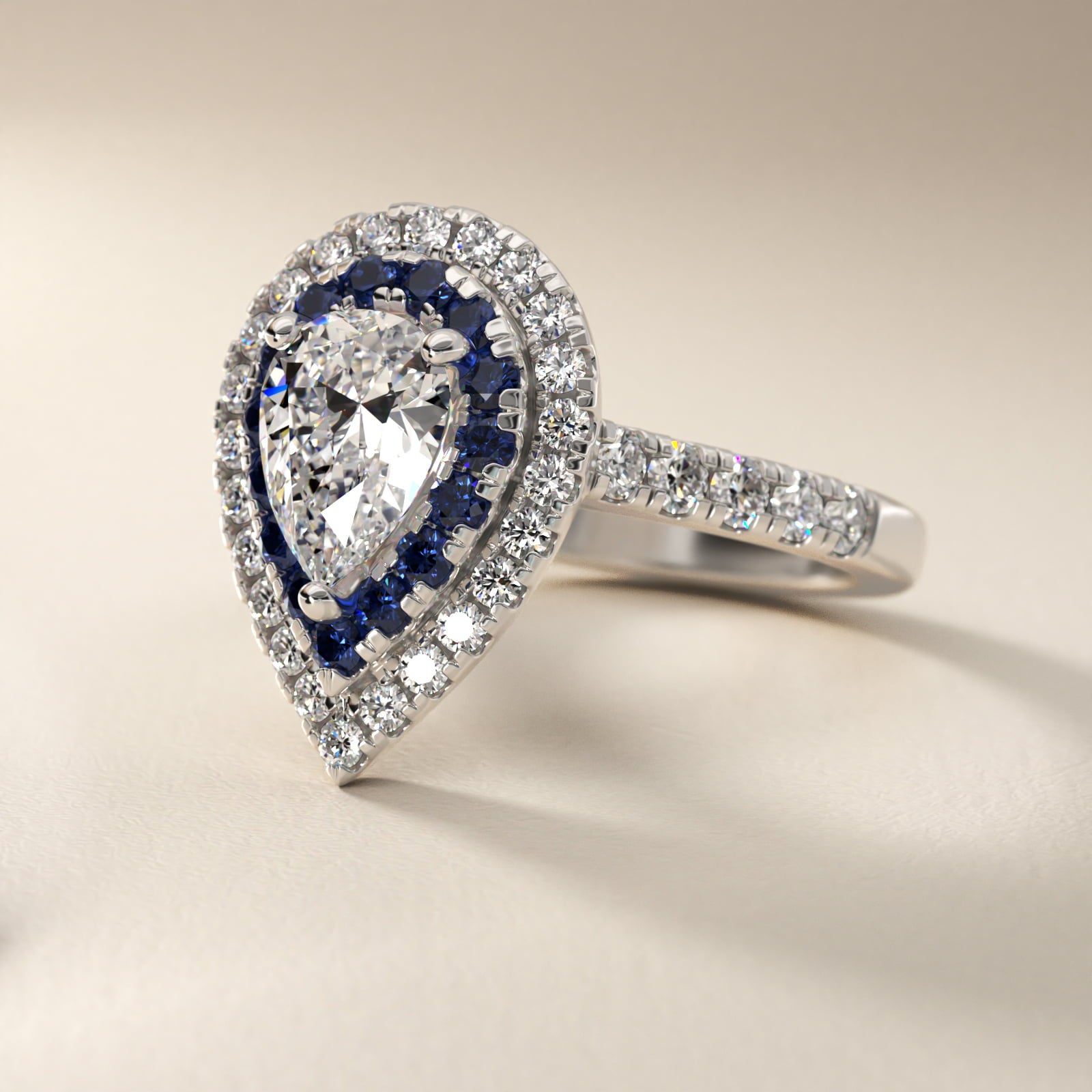 Sapphire and Diamond Double Halo Engagement Ring in Platinum (1/2 ct. tw.) - Pear Center