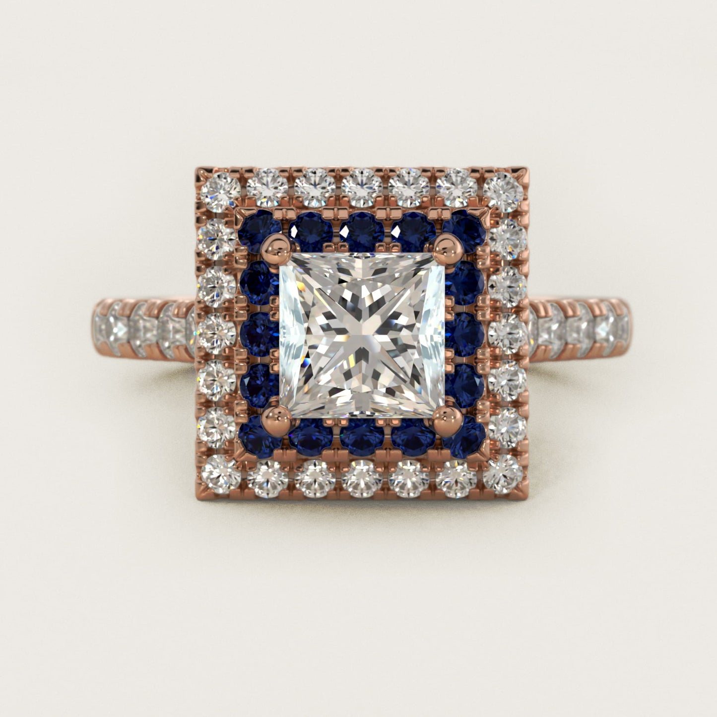 Sapphire and Diamond Double Halo Engagement Ring in 14k Rose Gold (1/2 ct. tw.) - Princess Center