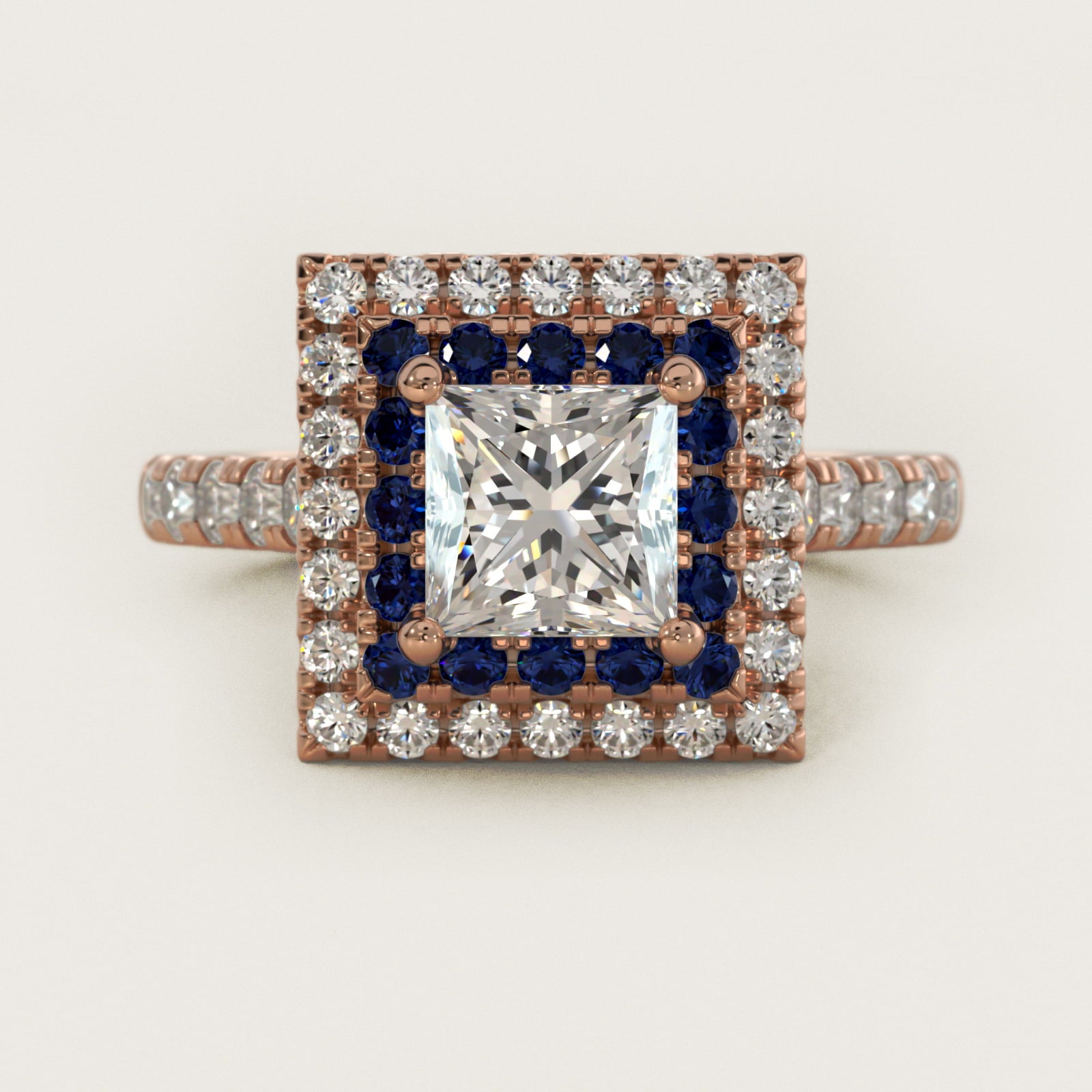 Sapphire and Diamond Double Halo Engagement Ring in 18k Rose Gold (1/2 ct. tw.) - Princess Center