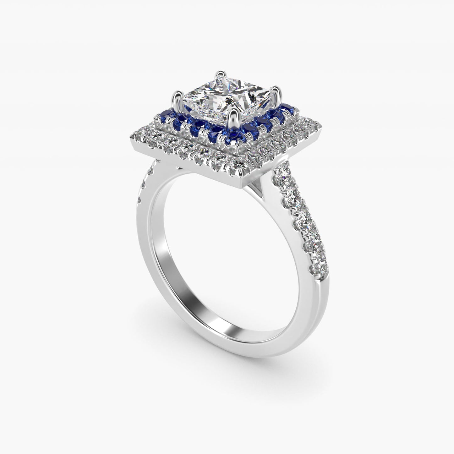 Sapphire and Diamond Double Halo Engagement Ring in 14k White Gold (1/2 ct. tw.) - Princess Center