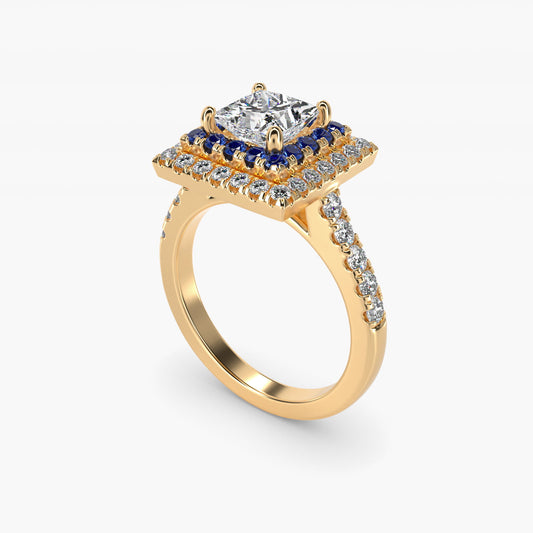 Sapphire and Diamond Double Halo Engagement Ring in 18k Yellow Gold (1/2 ct. tw.) - Princess Center