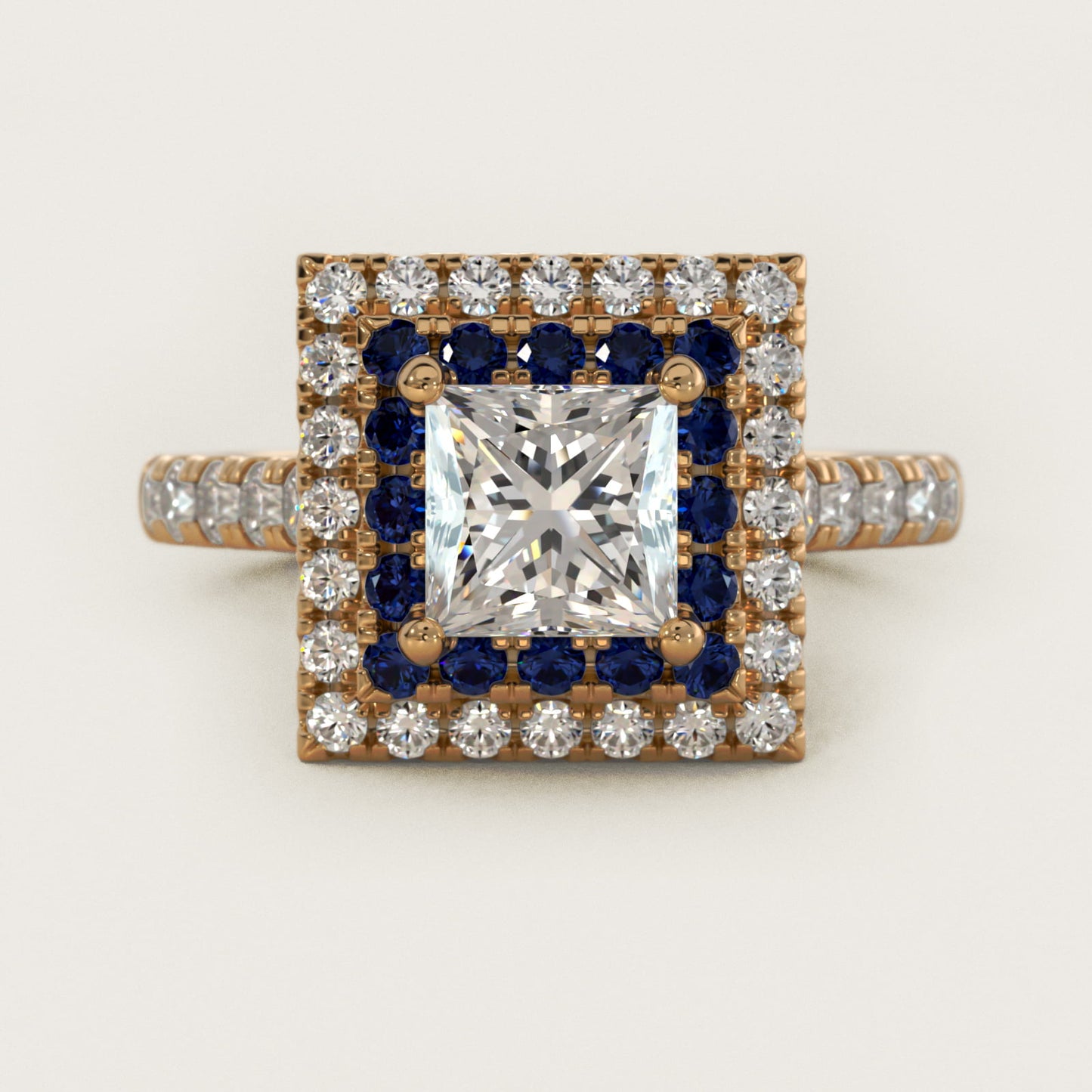 Sapphire and Diamond Double Halo Engagement Ring in 14K Yellow Gold (1/2 ct. tw.) - Princess Center