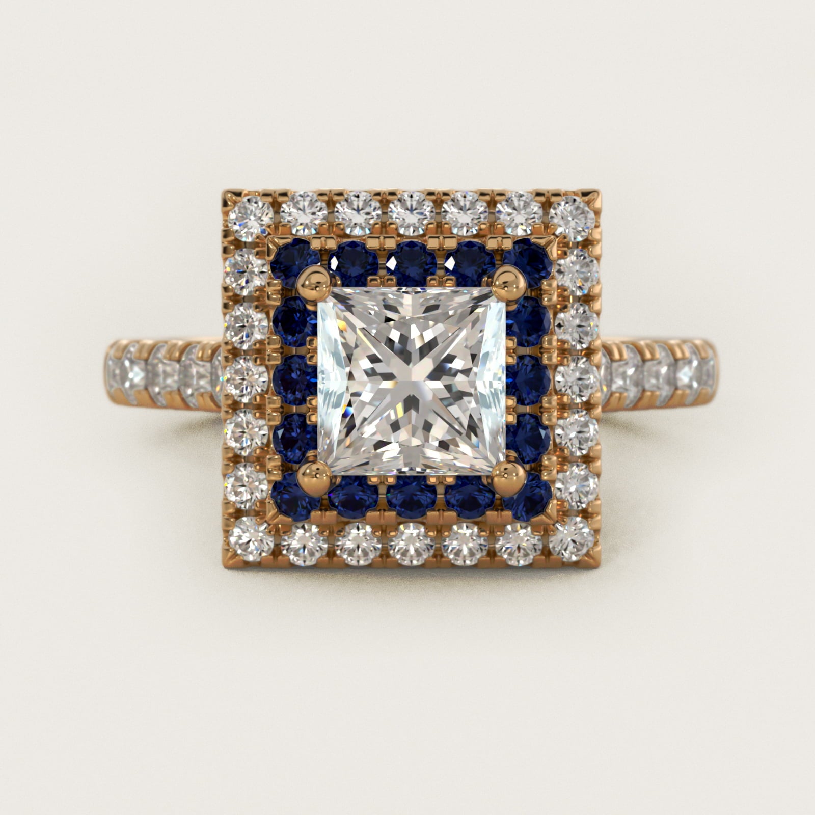Sapphire and Diamond Double Halo Engagement Ring in 18k Yellow Gold (1/2 ct. tw.) - Princess Center