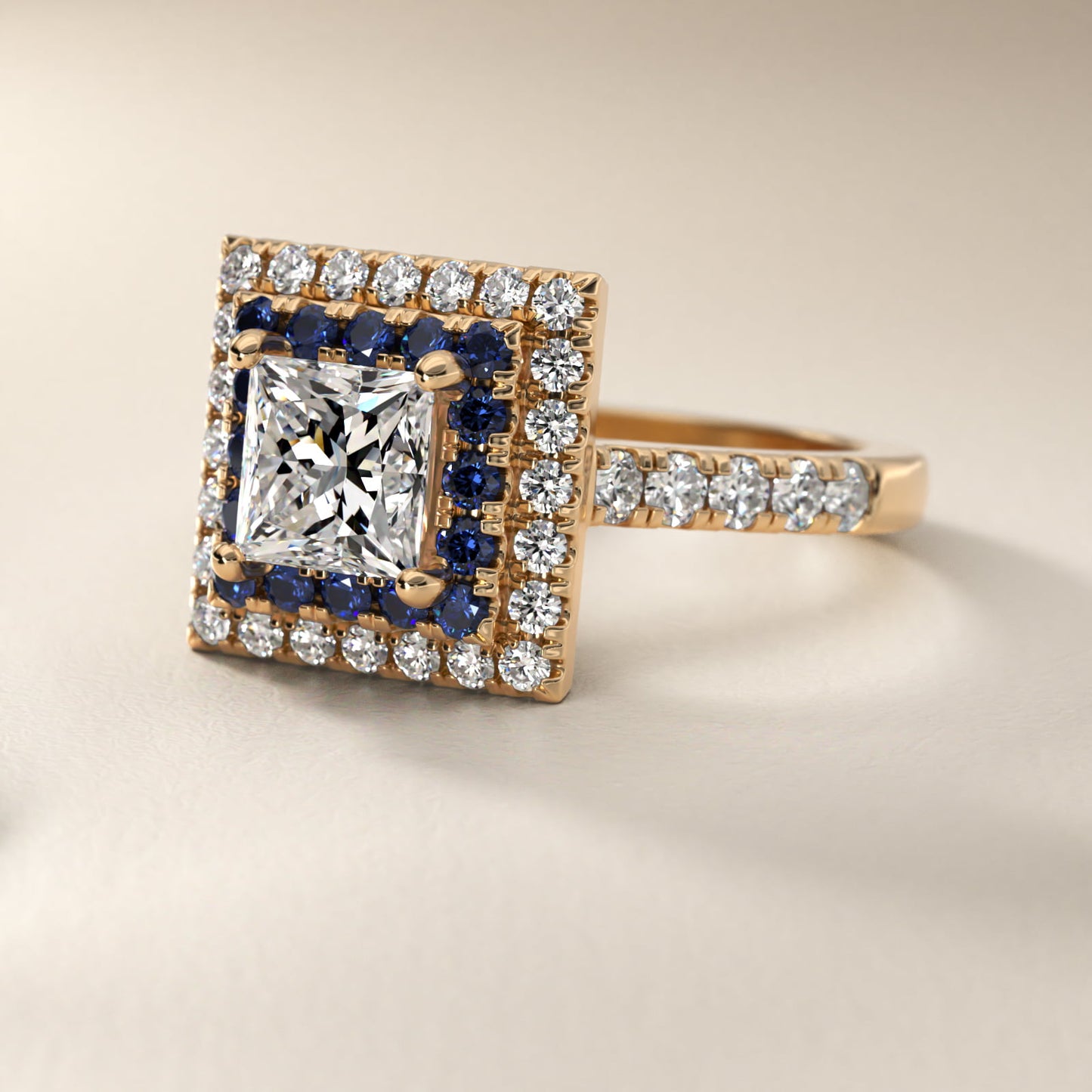 Sapphire and Diamond Double Halo Engagement Ring in 18k Yellow Gold (1/2 ct. tw.) - Princess Center