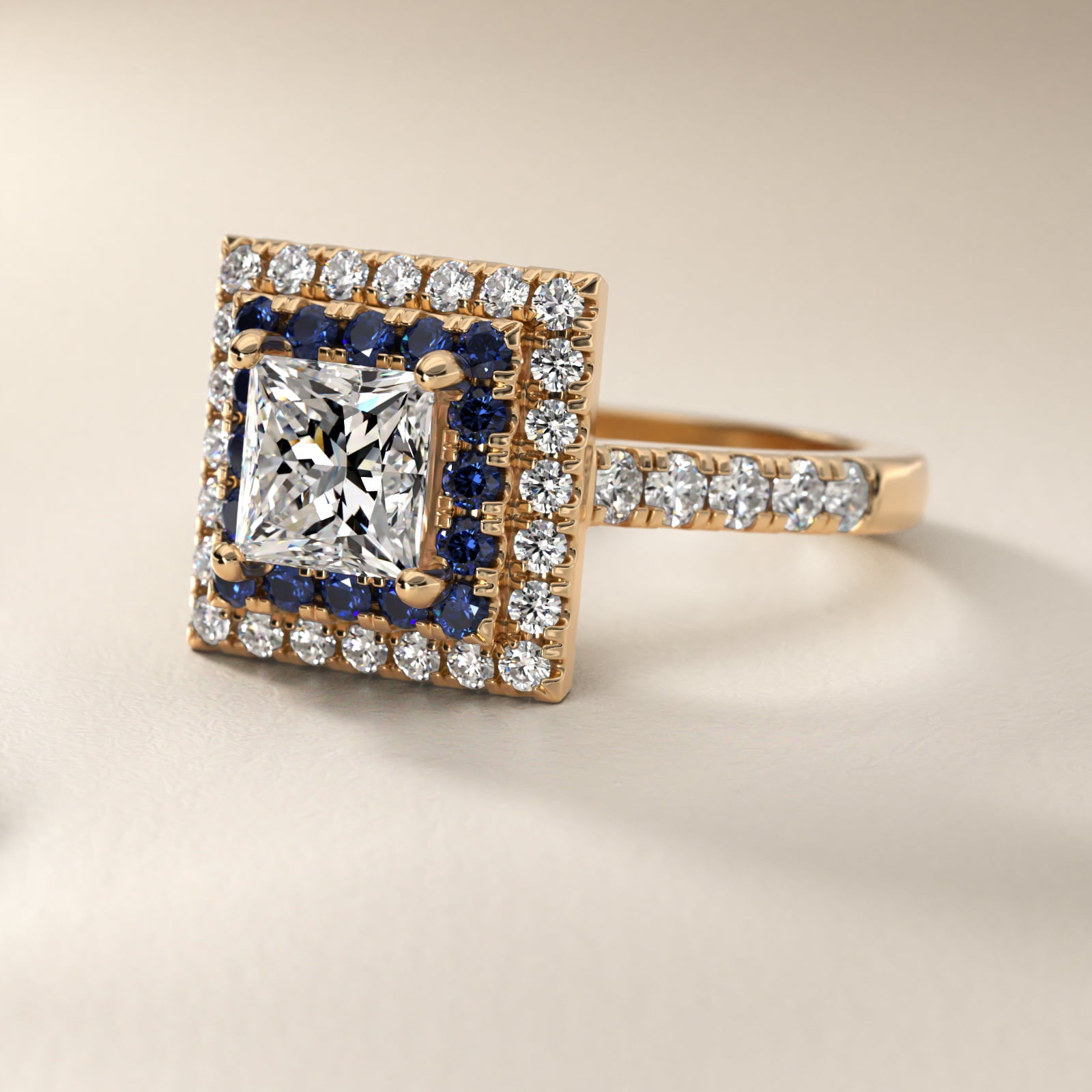 Sapphire and Diamond Double Halo Engagement Ring in 18k Yellow Gold (1/2 ct. tw.) - Princess Center