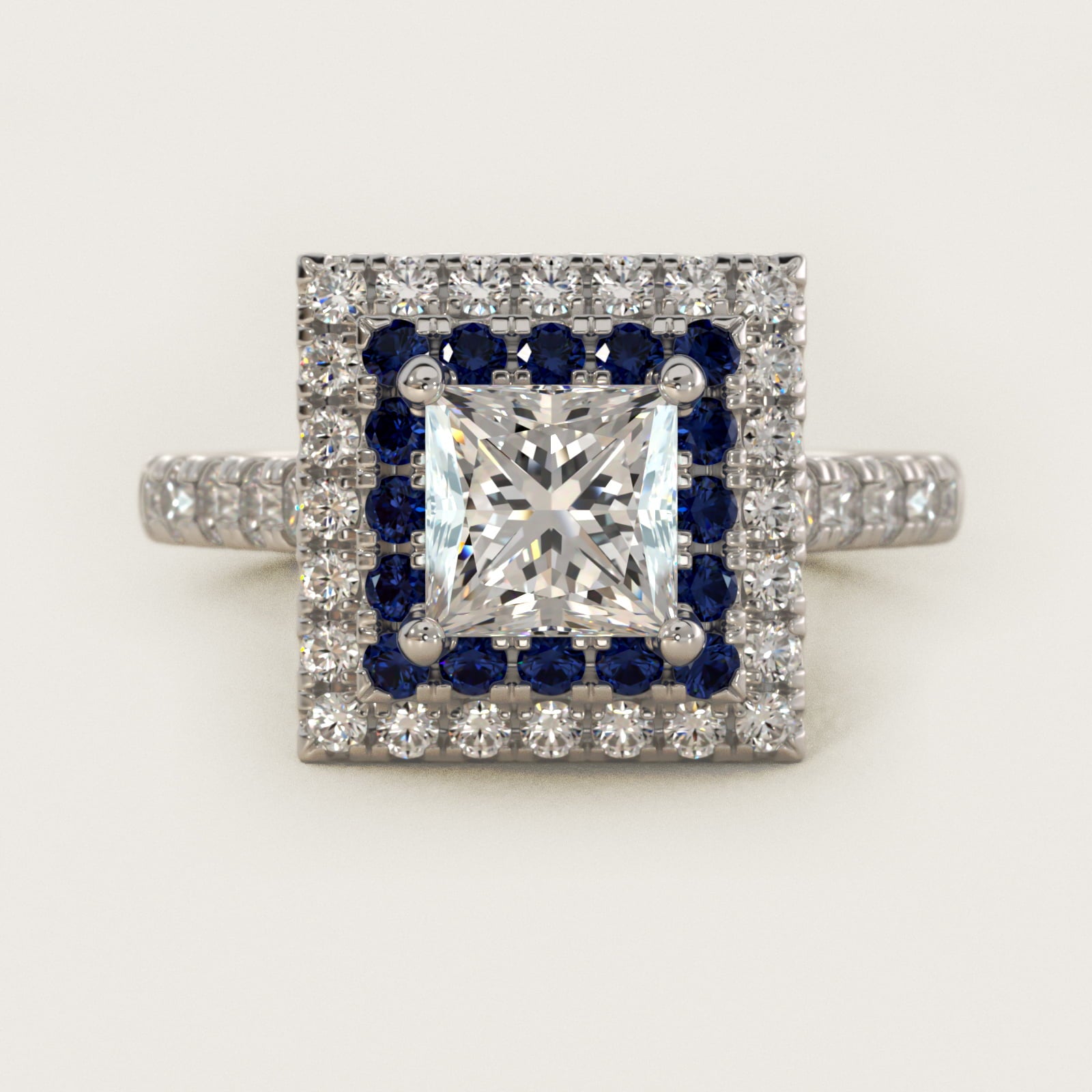 Sapphire and Diamond Double Halo Engagement Ring in Platinum (1/2 ct. tw.) - Princess Center