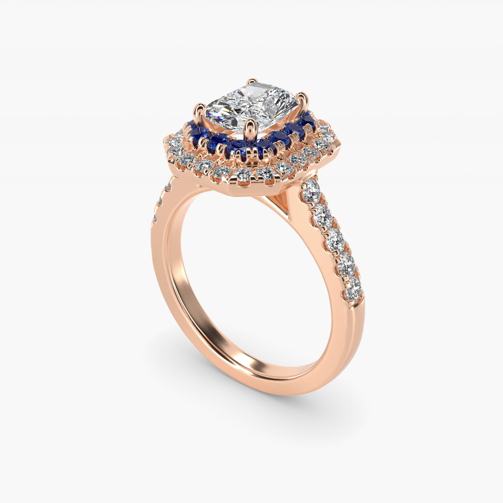 Sapphire and Diamond Double Halo Engagement Ring in 18k Rose Gold (1/2 ct. tw.) - Radiant Center