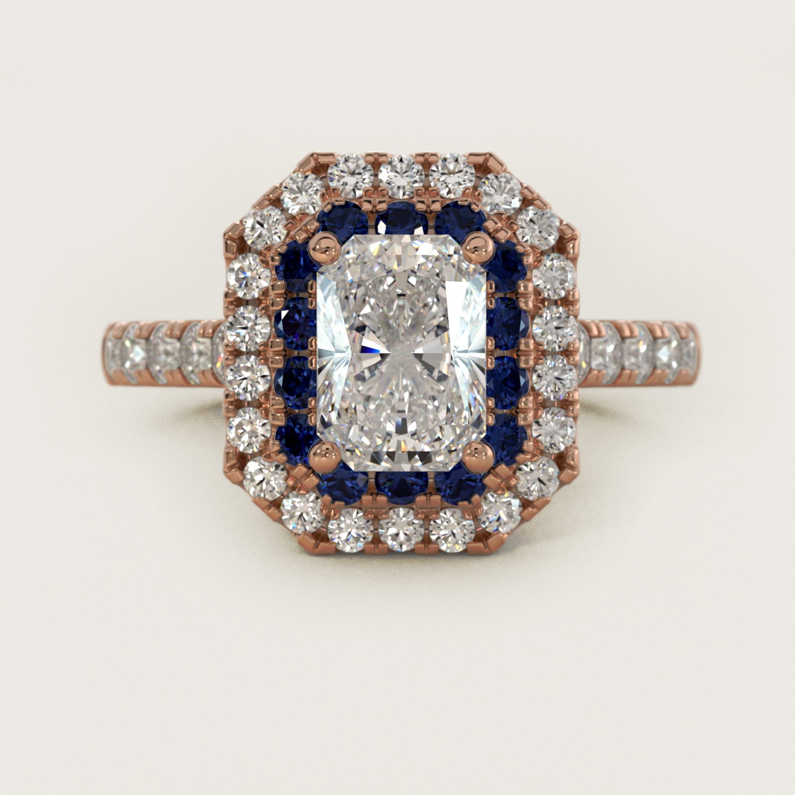 Sapphire and Diamond Double Halo Engagement Ring in 14k Rose Gold (1/2 ct. tw.) - Radiant Center