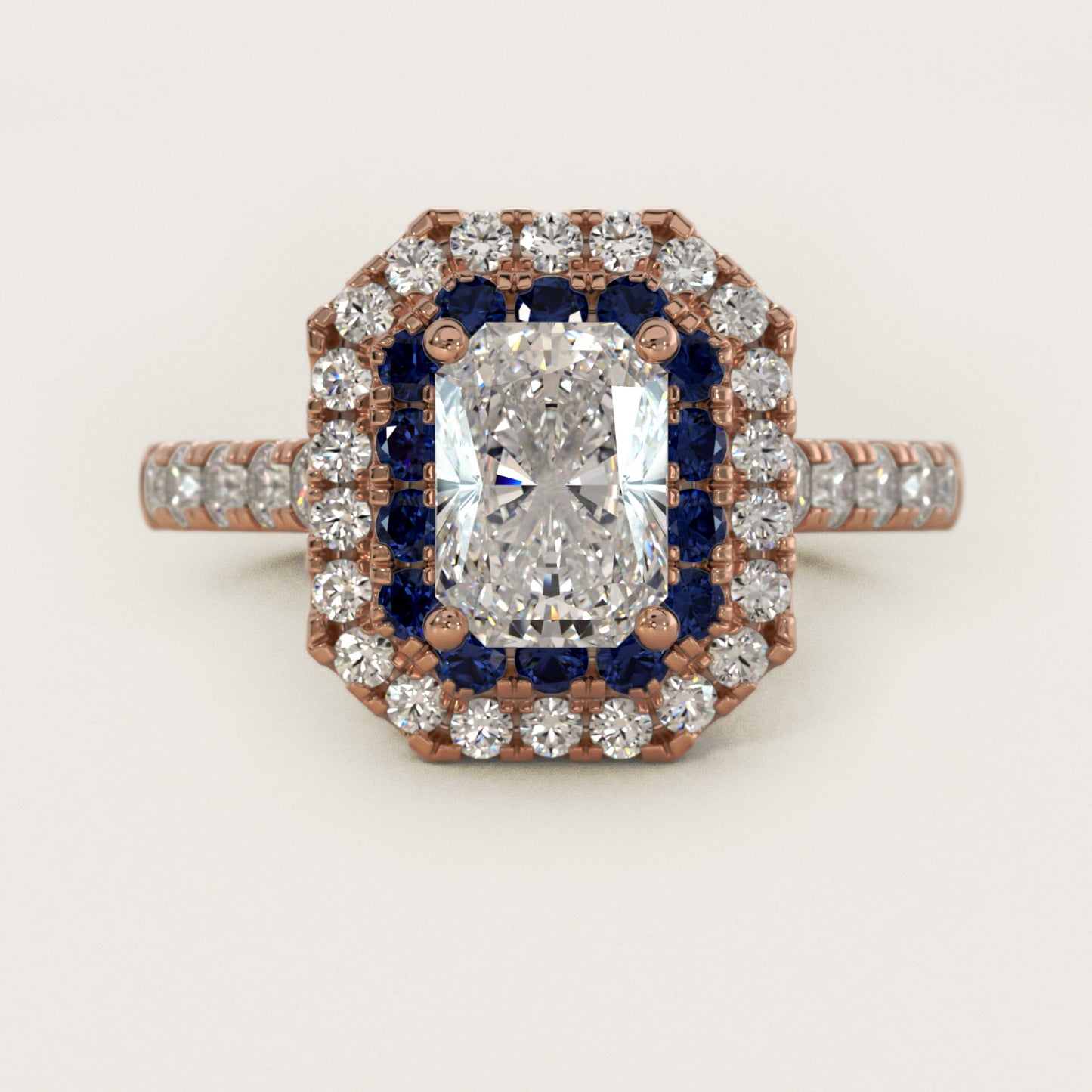 Sapphire and Diamond Double Halo Engagement Ring in 18k Rose Gold (1/2 ct. tw.) - Radiant Center