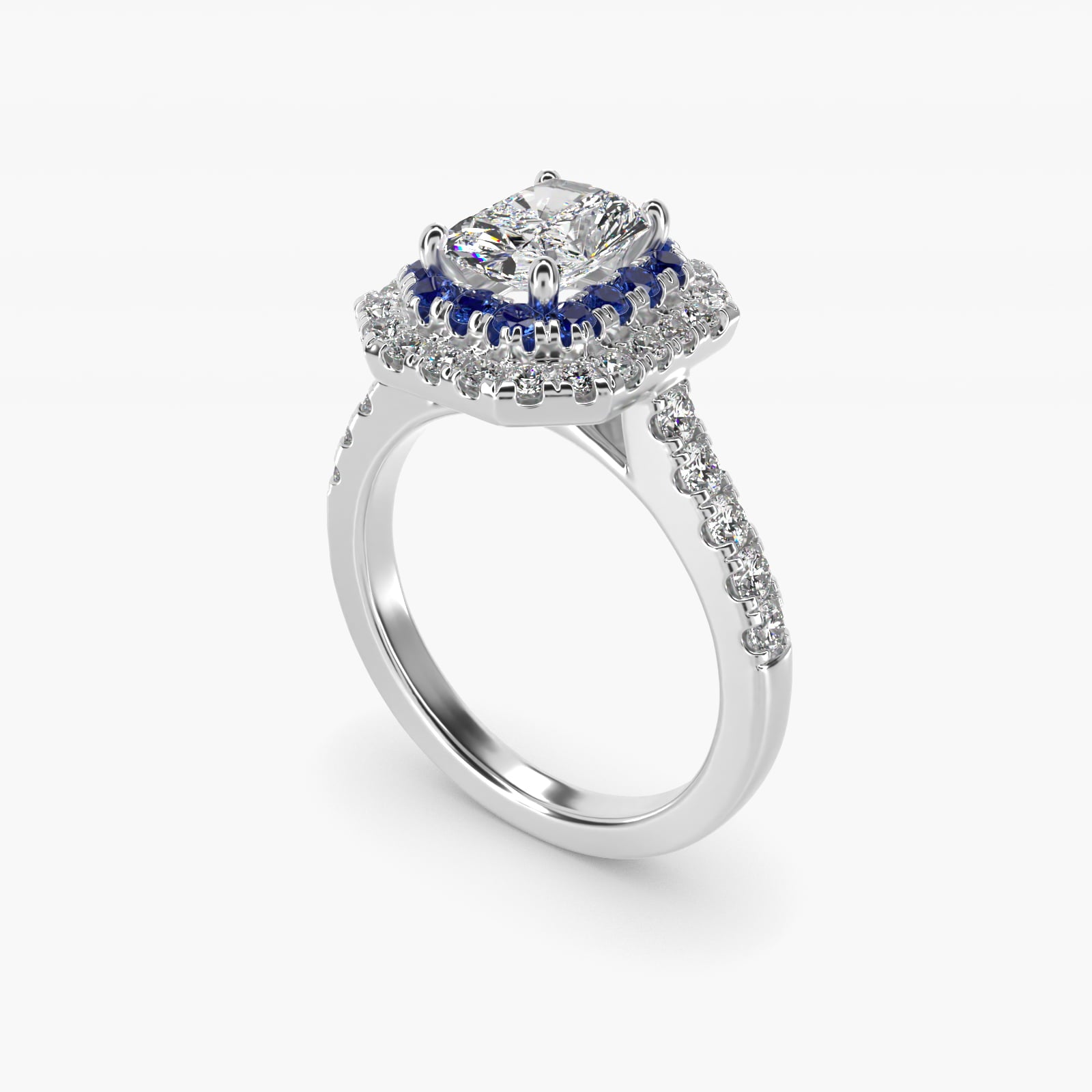Sapphire and Diamond Double Halo Engagement Ring in 18k White Gold (1/2 ct. tw.) - Radiant Center