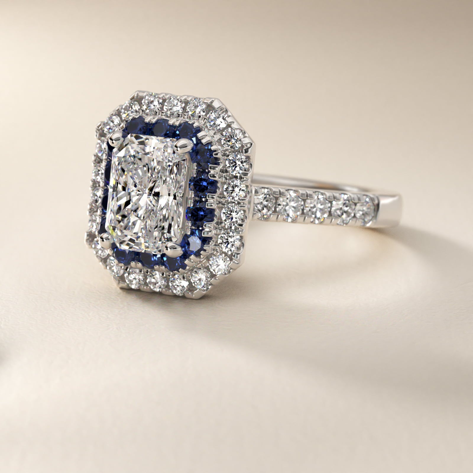 Sapphire and Diamond Double Halo Engagement Ring in 18k White Gold (1/2 ct. tw.) - Radiant Center