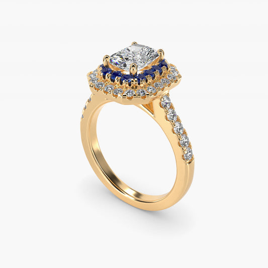 Sapphire and Diamond Double Halo Engagement Ring in 14K Yellow Gold (1/2 ct. tw.) - Radiant Center