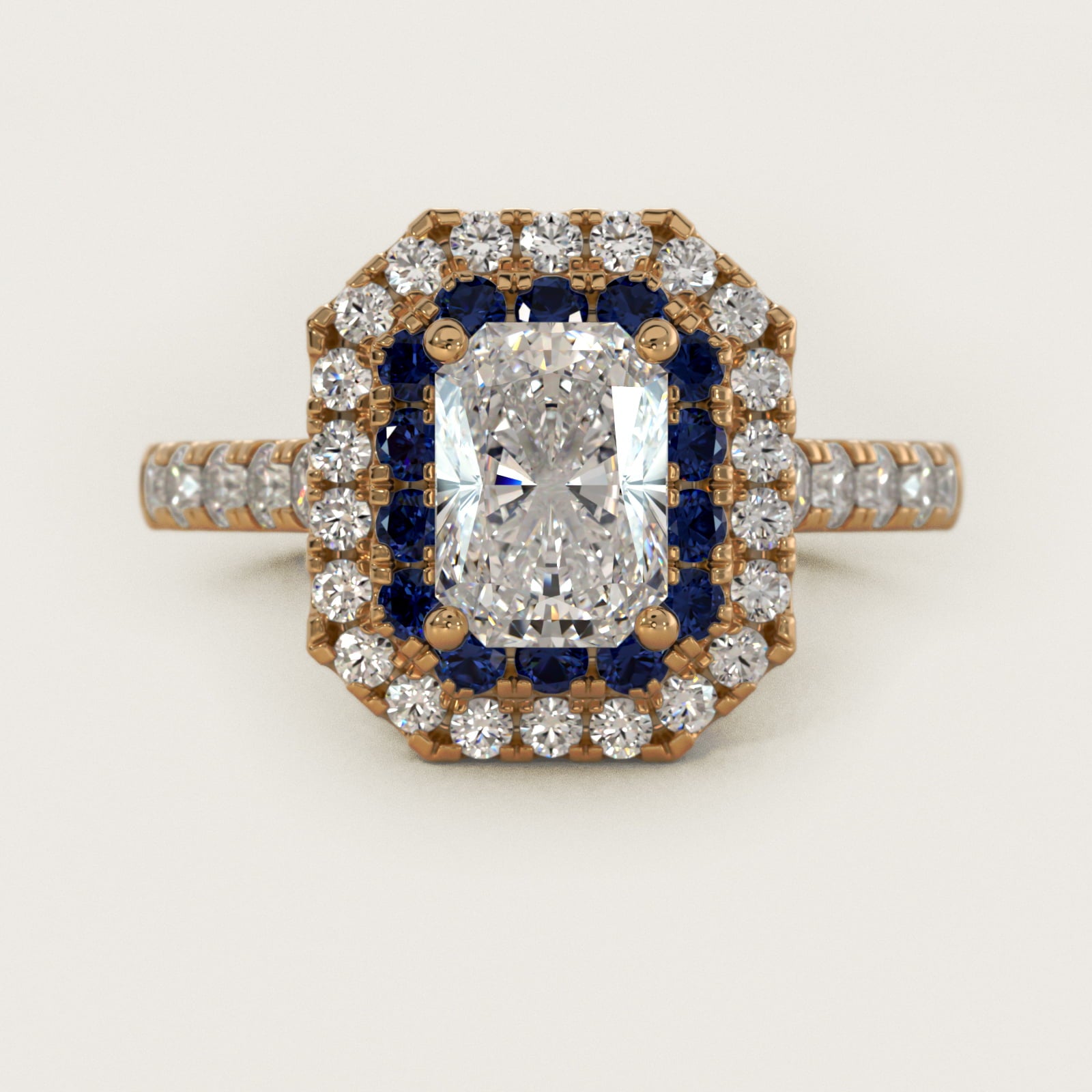 Sapphire and Diamond Double Halo Engagement Ring in 14K Yellow Gold (1/2 ct. tw.) - Radiant Center